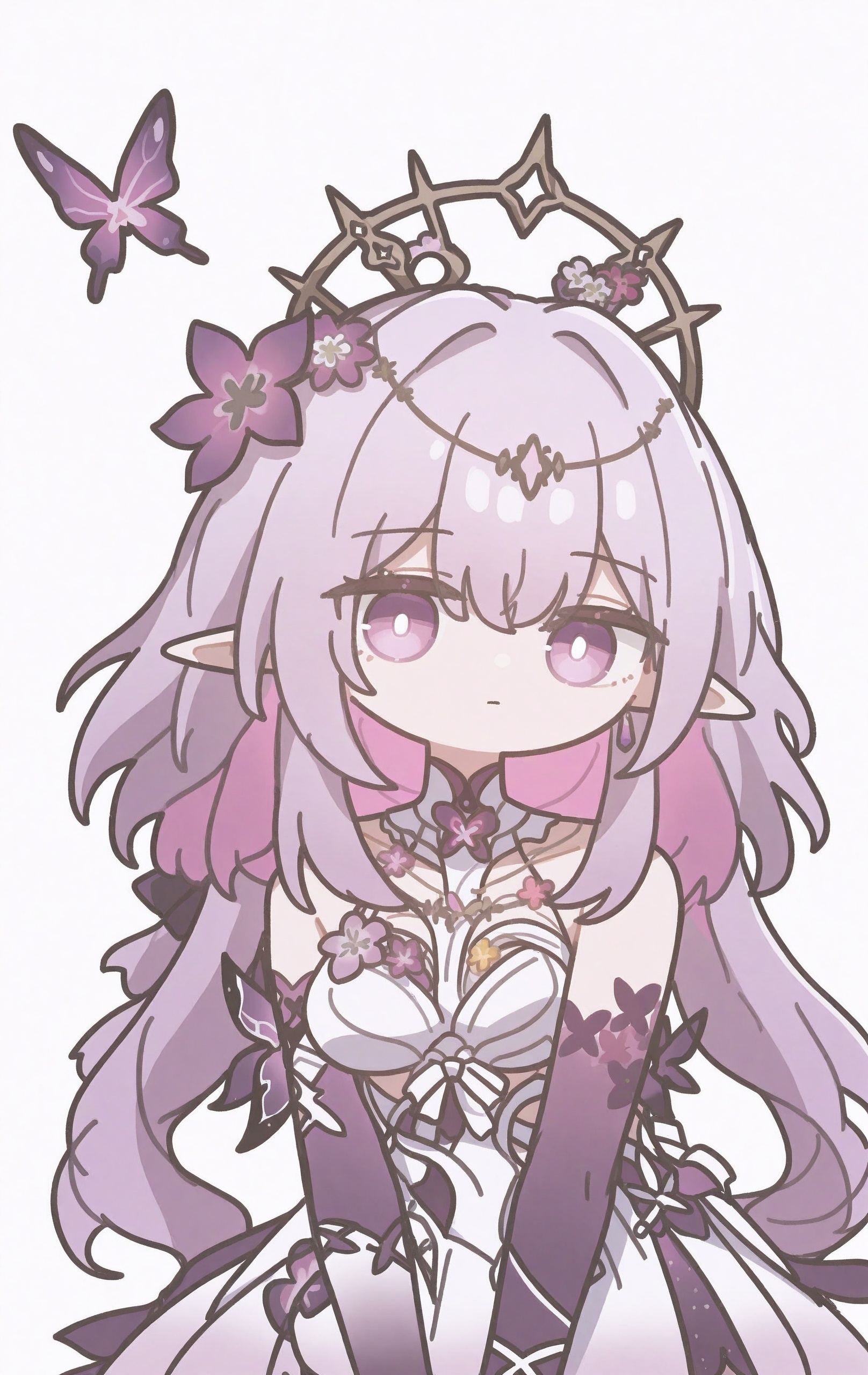 castorice \(honkai: star rail\),artist:banbon,masterpiece,best quality,good quality,newest,year 2024,year 2023,very aesthetic,absurdres,Visual impact,A shot with tension,ultra-high resolution,32K UHD,sharp focus,best-quality,masterpiece,Emotionalization,unconventional supreme masterpiece,masterful details,temperate atmosphere,with a high-end texture,in the style of castorice \(honkai: star rail\),bright pupils,butterfly,bare shoulders,breasts,1girl,bug,closed mouth,dress,elbow gloves,flower,gloves,hair flower,hair ornament,long hair,looking at viewer,pointy ears,purple butterfly,purple eyes,purple flower,purple gloves,purple hair,artist:rekka shinai,simple background,solo,very long hair,white background,white dress,white pupils,chibi,