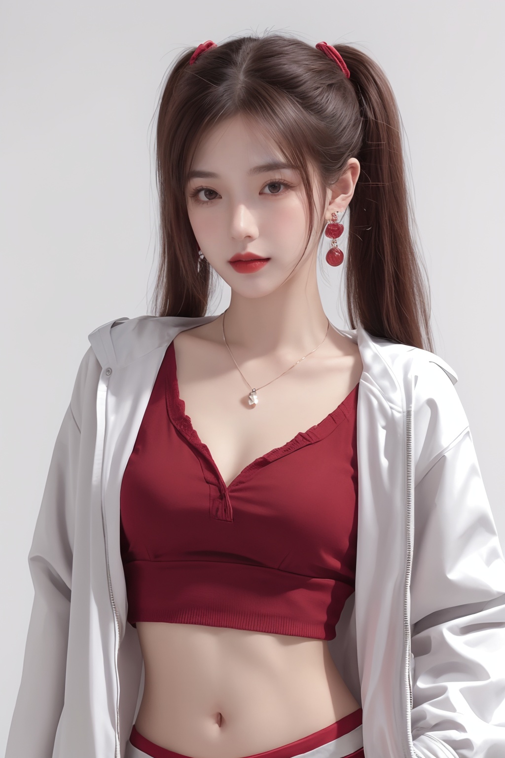 1girl, breasts, cleavage, crop top, earrings, jacket, jewelry, lips, long hair, looking at viewer, medium breasts, midriff, navel, necklace, realistic, red lips, solo, twintails, white jacket  <lora:美女1.0:1>