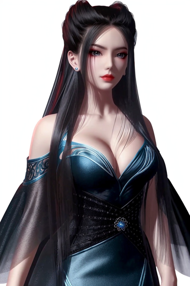 ((HRD, HUD, 8K)),((masterpiece, best quality)), highly detailed, 1girl, solo, black hair, long hair, lips, red lips, makeup, breasts, cleavage, earrings,bare shoulders, dress, blue dress, simple background, white background,upper body, standing, looking at viewer,  <lora:20240518-1715992227646:0.73>
