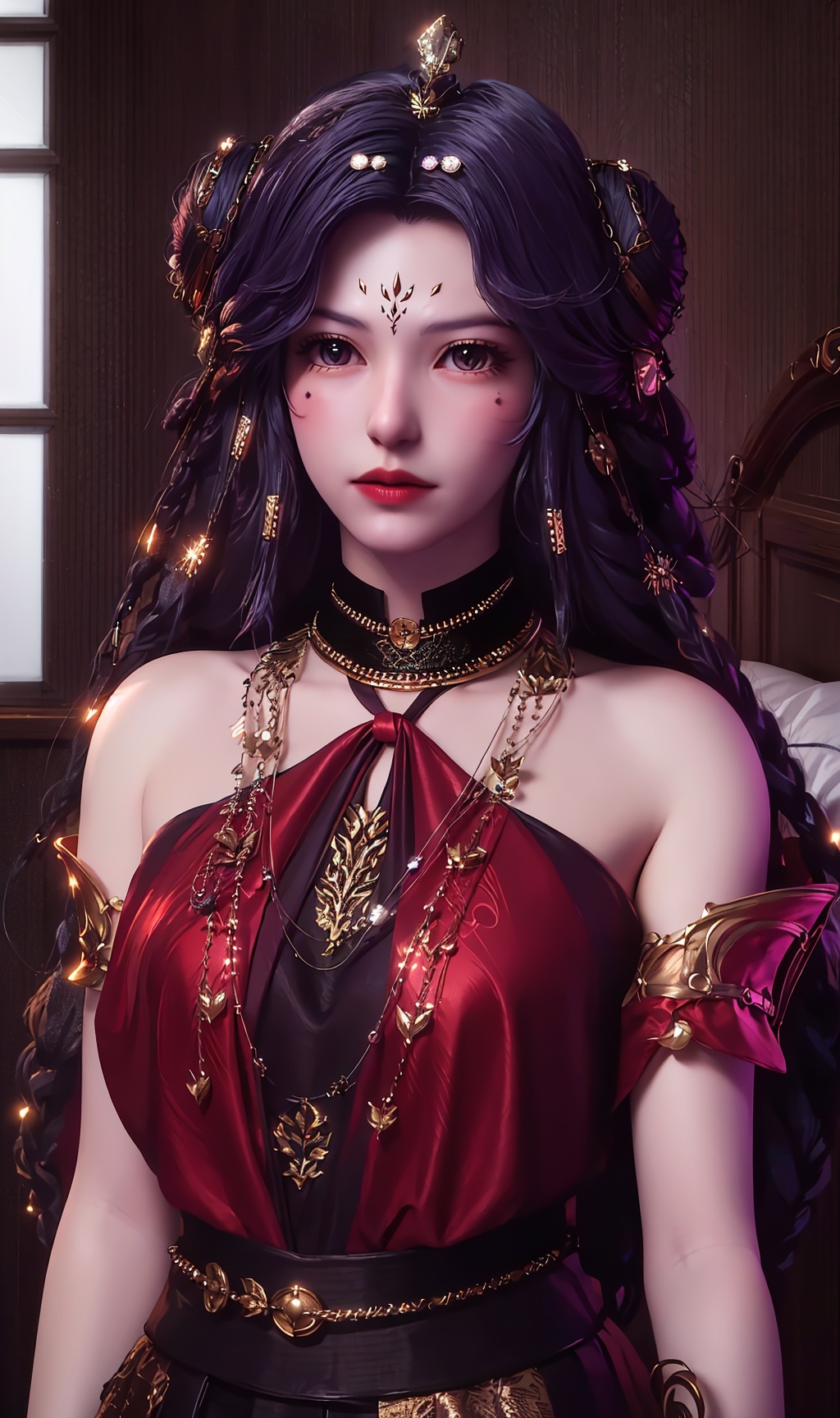 masterpiece,(best quality),official art, extremely detailed cg 8k wallpaper,((crystalstexture skin)), (extremely delicate and beautiful),highly detailed,1girl,solo,long hair,headwear,(standing),(hair),((dress,skirt)),face,lips,(closed mouth),(upper body),(medium breasts),((hair_ornament)),(sunshine, indoor,(bed)),((looking_at_viewer)),, <lora:hipoly3DModelLora_v10:0.3> 