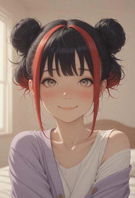masterpiece, detailed_eyes, high_quality, best_quality, highres, absurdres, 8k, subject_focus, depth_of_field, (cute character:1.5), 1girl, 25 years old, perfect face, *****, detailed face, portrait, face focus, depth of field, looking at viewer, blush, shy smile, (close up), multicolored hair, black hair, red hair, hair bun, double bun, messy hair, white shirt, purple cardigan, off shoulder, bedroom, detailed background, soft pastel colours, warm and sunny atmosphere,