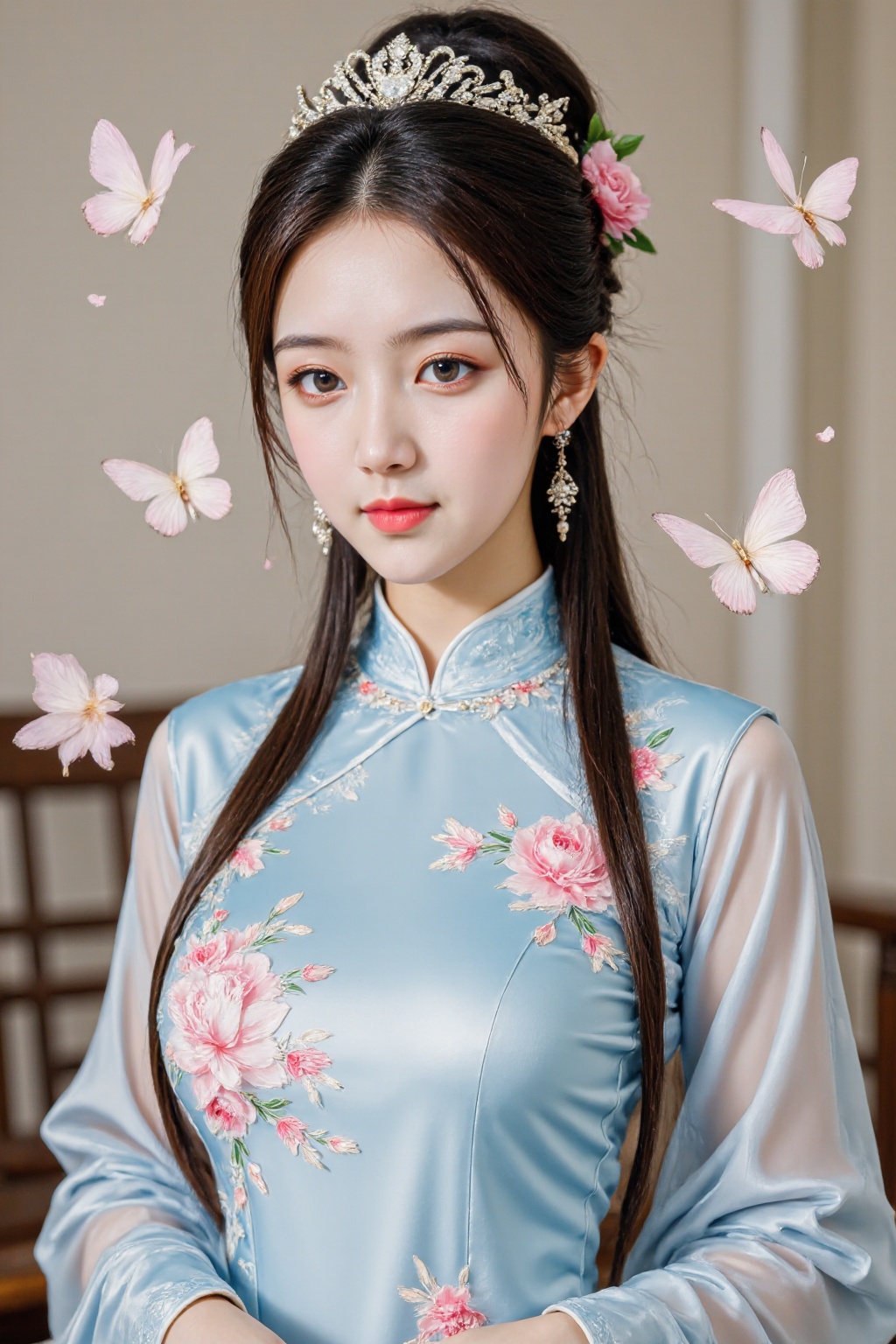 A photograph of an Asian woman with fair skin, wearing a traditional, elegant blue Chinese cheongsam dress adorned with pink floral embroidery. Her long, dark hair is styled in a high bun with delicate pink flowers. She has a serene expression, with red lipstick, and wears a sparkling tiara and dangling earrings. The background features a blurred, light-colored wall and a wooden chair. Butterfly motifs float around her, enhancing the ethereal, romantic feel.