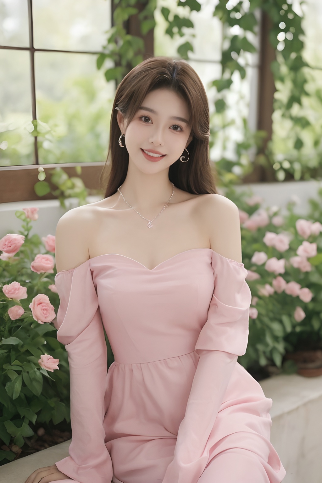 1girl,dress,flower,solo,brown hair,pink dress,sitting,rose,plant,(long hair:1.3),blurry,bare shoulders,pink flower,jewelry,pink rose,necklace,depth of field,off-shoulder dress,parted lips,off shoulder,breasts,looking at viewer,collarbone,lips,vines,strapless,princess,strapless dress,blurry foreground,full body,earrings,smile, <lora:sifang_20231118123505:0.6>