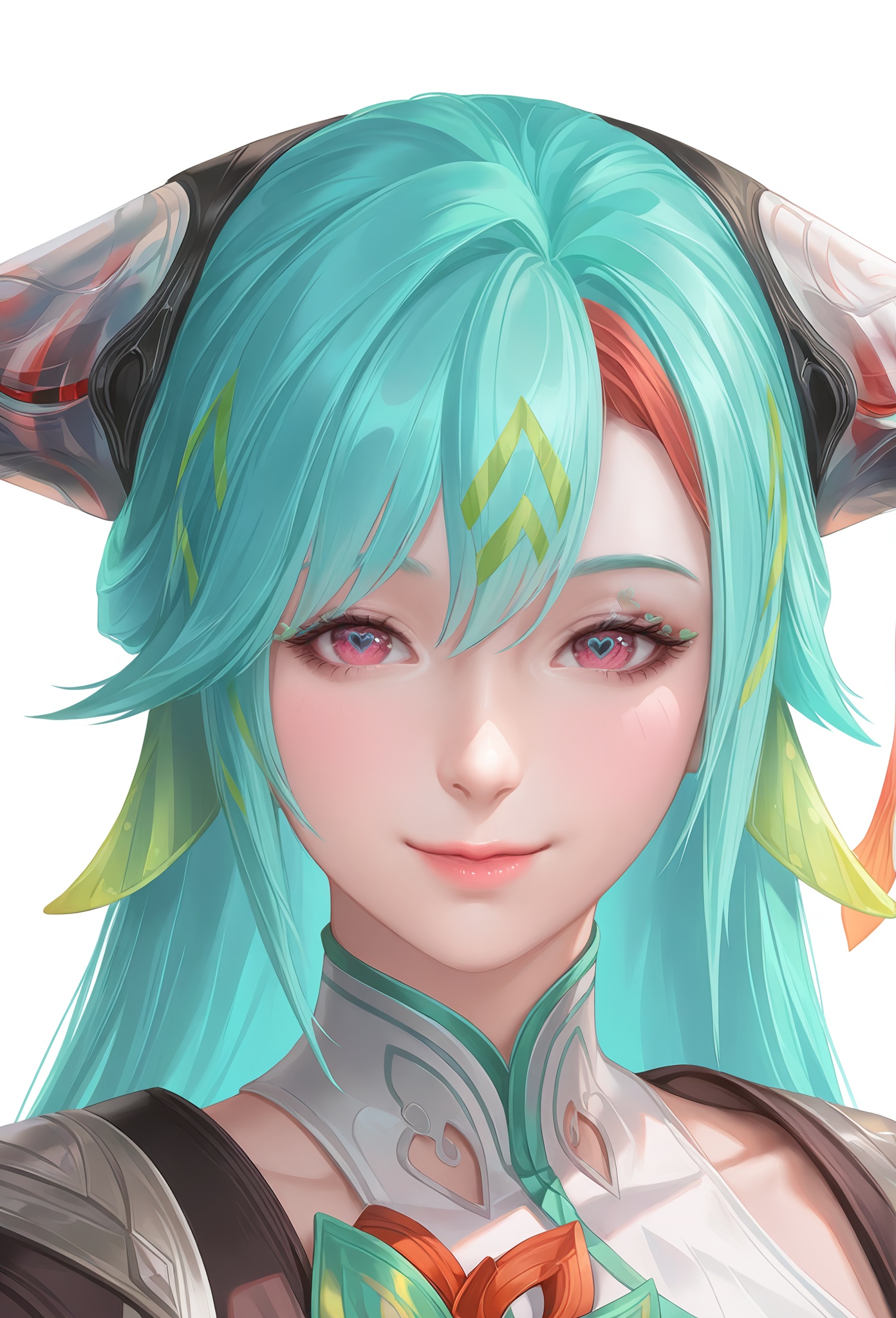 Kuze\(ssy\)\(wzry\),(white background,simple background:1.2),(realistic:1.2),1girl,solo,mature female,(front view),look at viewer,hair ornament,cyan hair,long hair,green streaked hair,red streaked hair,heart eyes,eyebrow with green hearts,turtleneck,red asymmetrical dress,detached sleeves,wide sleeves,sleeve cutout,golden pattern,