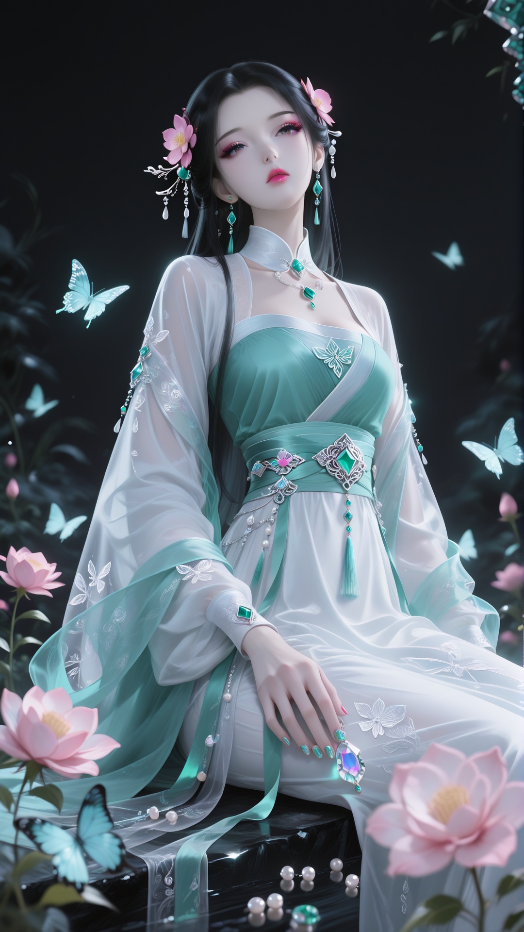 1girl,flower,solo,hair ornament,beads,pink flower,head tilt,gem,black hair,jewelry,pearl (gemstone),makeup,long hair,eyelashes,see-through,long sleeves,chinese clothes,looking at viewer,sitting,fingernails,bug,eyeshadow,earrings,hanfu,black background,butterfly,shawl,nail polish,lipstick,blurry,dress,hair flower,dark background,hair beads,<lora:光辉大脚:0.9>,