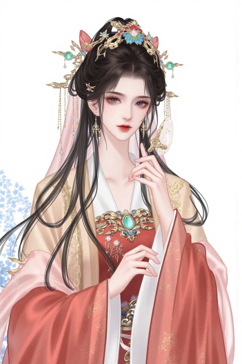 gufeng_style,wenyou,gufeng_style,female,solo,black hair,hair accessories,long sleeves,hug,jewelry,beautiful big eyes,upper body,flowers,earrings,wide sleeves,hair bun,makeup,Chinese clothing,insects,plants,hand fan,red lips,updo,Hanfu,Color temperature:-100,messy hair,impactful visuals Perfect composition,she has delicate facial features and perfect body proportions,with an anime style aesthetic. The character design is very detailed Contrast,layered colors,vivid colors,contrast,official art,movie perspective,very beautiful,depth of field,crazy interaction between light and shadow,highly refined,ultra-high resolution,32K UHD,clear focus,best quality,masterpiece,emotional,non-traditional masterpiece,exquisite details,gentle atmosphere,high-end texture,Chinese New Year,festive atmosphere,Gorgeous Hanfus,Simple background,white background,