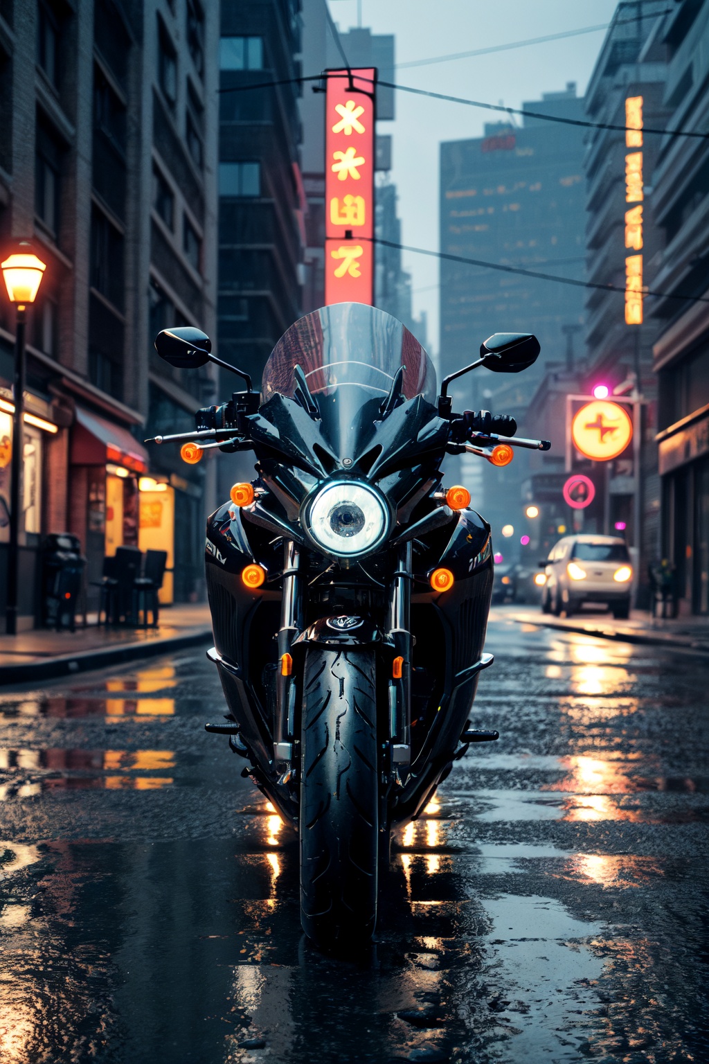 cyberpunkAI, cyberpunk motorcycle, futuristic bike, neon lights, wet street, snow, night scene, sci-fi, 3d rendering,<lora:cyberpunkAI:0.8>,, masterpiece,best quality,