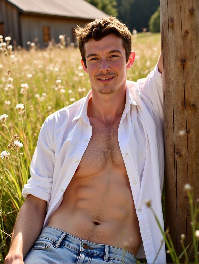 Callum Turner ,  hairy chests and abs. multiple pose positions. light particles. sparkling lights. fireflies. wearing open...