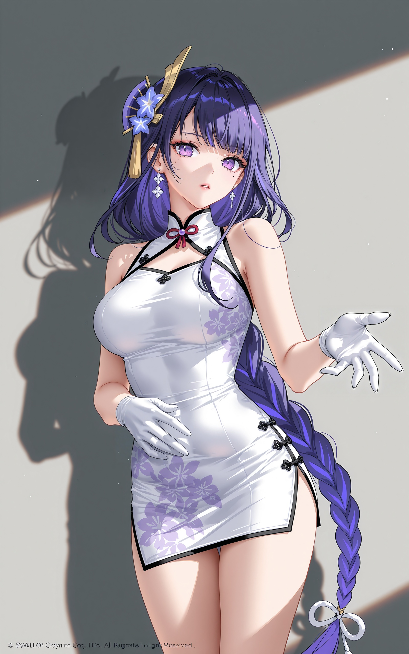 (artist:nardack:0.907),(artist:atdan:0.907),(artist:tidsean:0.864),(artist:rhasta:0.907),(gawako:0.907),(wanke:0.907),(artist:saru:0.952),(hyouuma:0.7),(artist:rurudo:0.952),(unsfrau:0.8),wlop,official art,best qualities,very aesthetic,absurdres,best shadow,cinematic lighting,(masterpiece, best quality:1.2),impactful picture,1girl,breasts,dress,raiden shogun,purple eyes,purple hair,solo,long hair,gloves,white gloves,earrings,large breasts,looking at viewer,jewelry,hair ornament,bare shoulders,sleeveless,mole,mole under eye,sleeveless dress,braid,parted lips,china dress,flower,taut dress,hair flower,alternate costume,braided ponytail,very long hair,short dress,thighs,pencil dress,looking at viewer,one hand on the waist,stretch out one hand,the outstretched hand has its palm down,