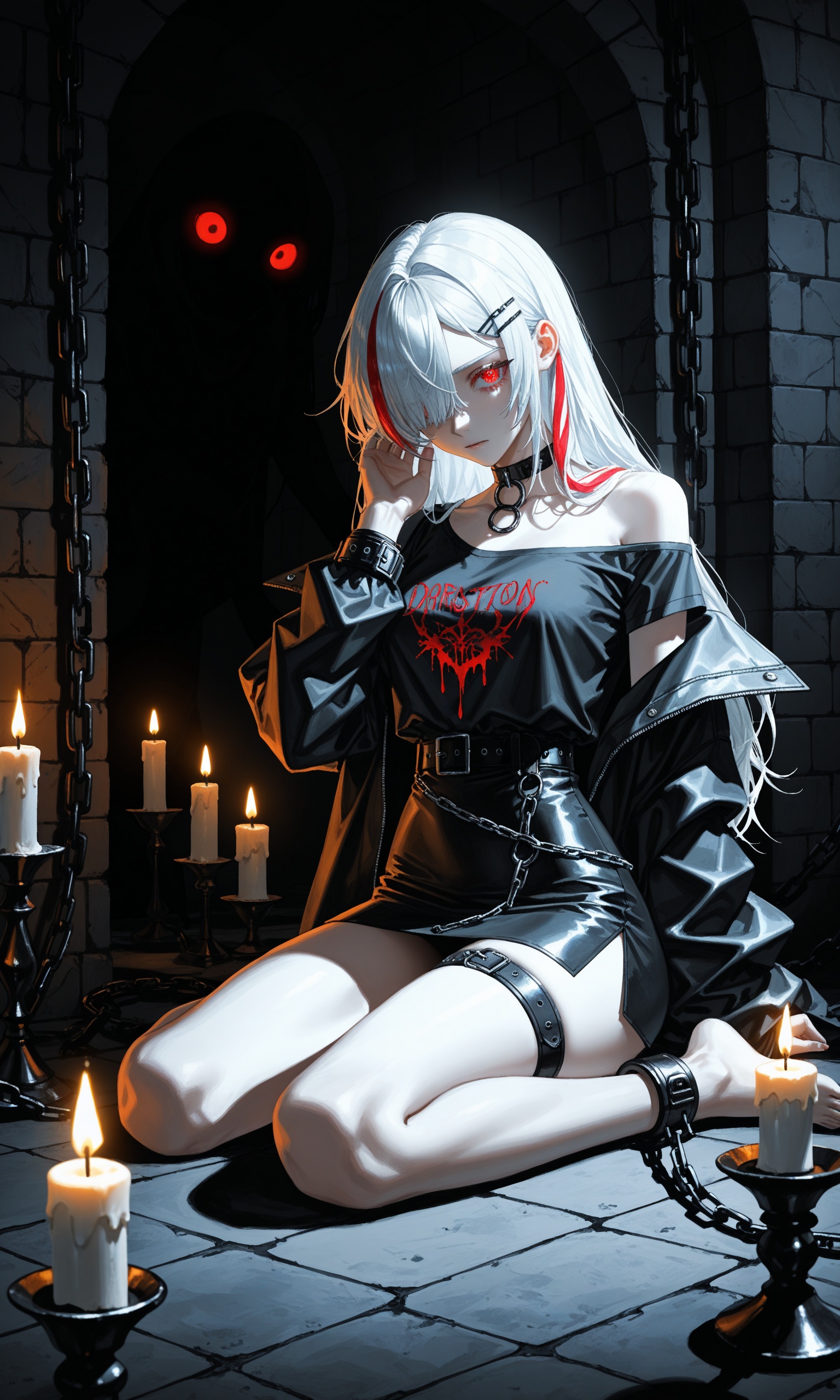 1girl,solo,red eyes,white hair,purple streaked hair,long hair,hair over one eye,hairclip,off shoulder shirt,open jacket,choker,clothes pull,chain,belt,mini skirt,side slit,thigh band,sitting,wariza,one hand up,handcuff,chained,dungeon,darkness,black theme,candle,shadow,silhoutte,head down,looking at viewer,glowing eyes,masterpiece,best quality,very aesthetic,absurdres,illustration,extreme aesthetic,(quasarcake:0.7),masterpiece,best quality,good quality,newest,year 2024,year 2023,very aesthetic,absurdres,