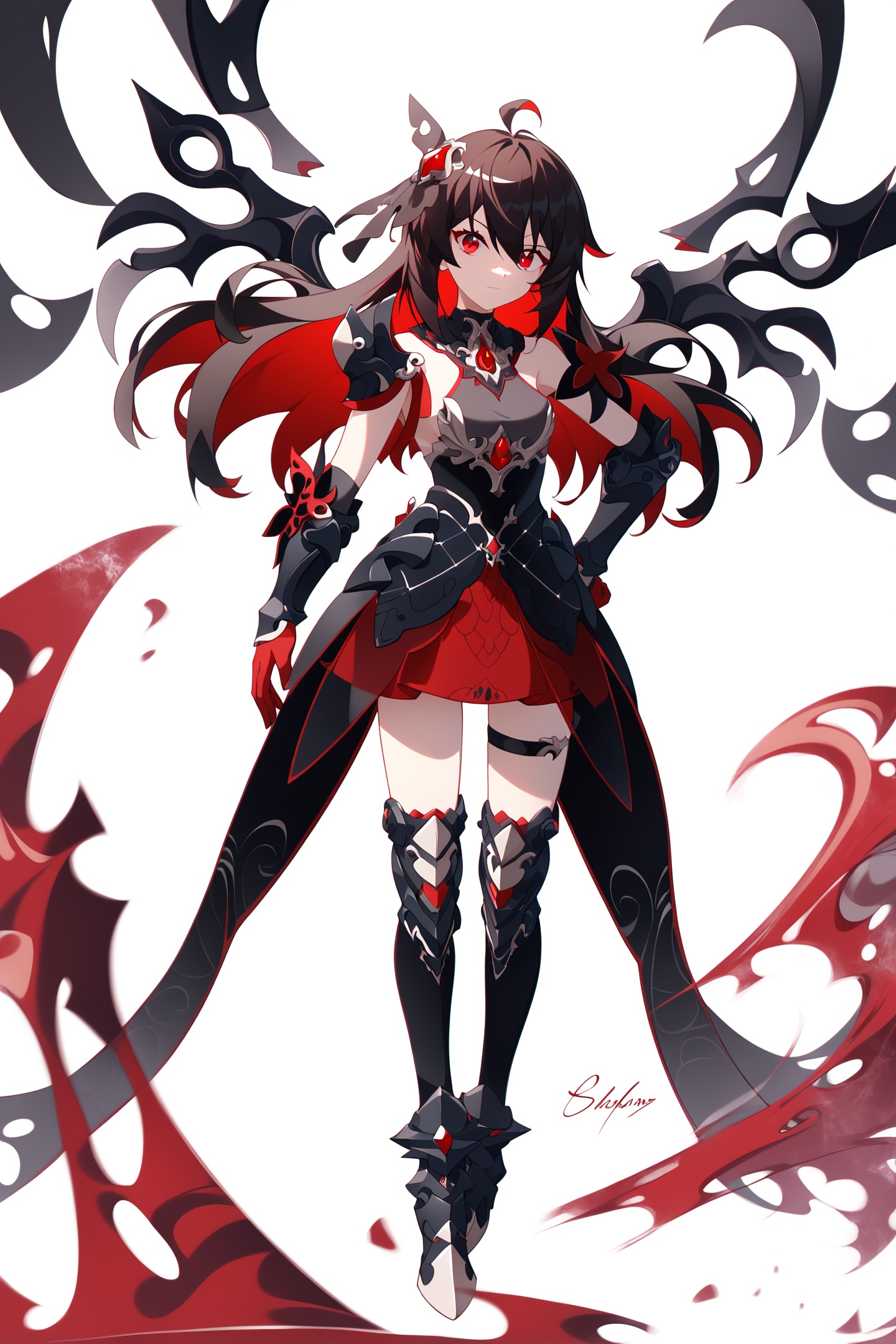 score_9,score_8_up,score_7_up,score_anime,8k,best quality,masterpiece,(ultra-detailed),(high detailed skin),(by nanoless, by misumi \(macaroni\),:0.5),<lora:YLI 0.1v:0.25>,<lora:style1:0.25>,A full-body portrait of a young girl,standing gracefully,pastel art style,high-key lighting,shoujo manga influence,hd quality,delicate details,full body,full shot,standing,looking at viewer,(solo:1.2),simple background,white background,hand on own hip,Digital Deconstruction,Glitch Art,<lora:StarchasmNyx-pony-Tanger:0.8>,seele vollerei,seele vollerei \(Starchasm Nyx\),clothes: Red and black female armored skirt,multicolored hair,red hair,black hair,1girl,red eyes,bangs,red gloves,Starchasm Nyx black hair ornament,long hair,Starchasm Nyx black thigh boots,hair between eyes,