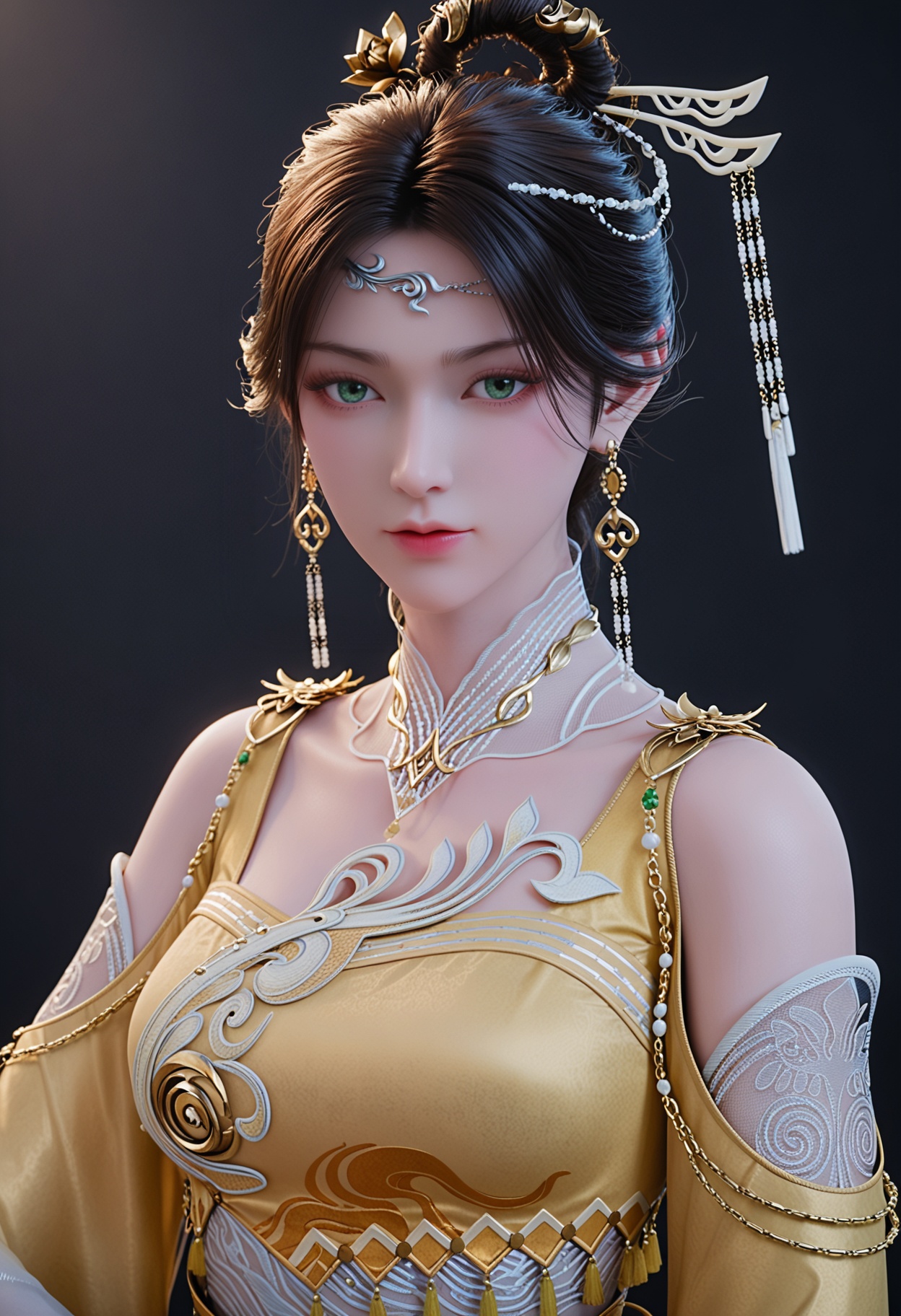 (score_9:1.1),(perfect_anatomy:1.1),upper_body,blurry background,depth of field,(looking_at_viewer:1.1),<lora:YQponyjinpingerV2:0.8>,q1528437228,1girl,solo,long_hair, jewelry, earrings, hair_ornament, dress, black_hair, realistic, chinese_clothes, yellow_dress, green_eyes, brown_hair, hair_bun, necklace, single_hair_bun, bare_legs, feet, hair_rings,fair_skin,(simple background,pure black background,black background:1.3),white_skin,shiny_skin,Ivory_skin,perfect_anatomy BREAK perfect_anatomy,(score_9:1.1),cinematic lighting,volumetric lighting,professional lighting,fair_skin,white_skin,shiny_skin,Ivory_skin,perfect_anatomy,