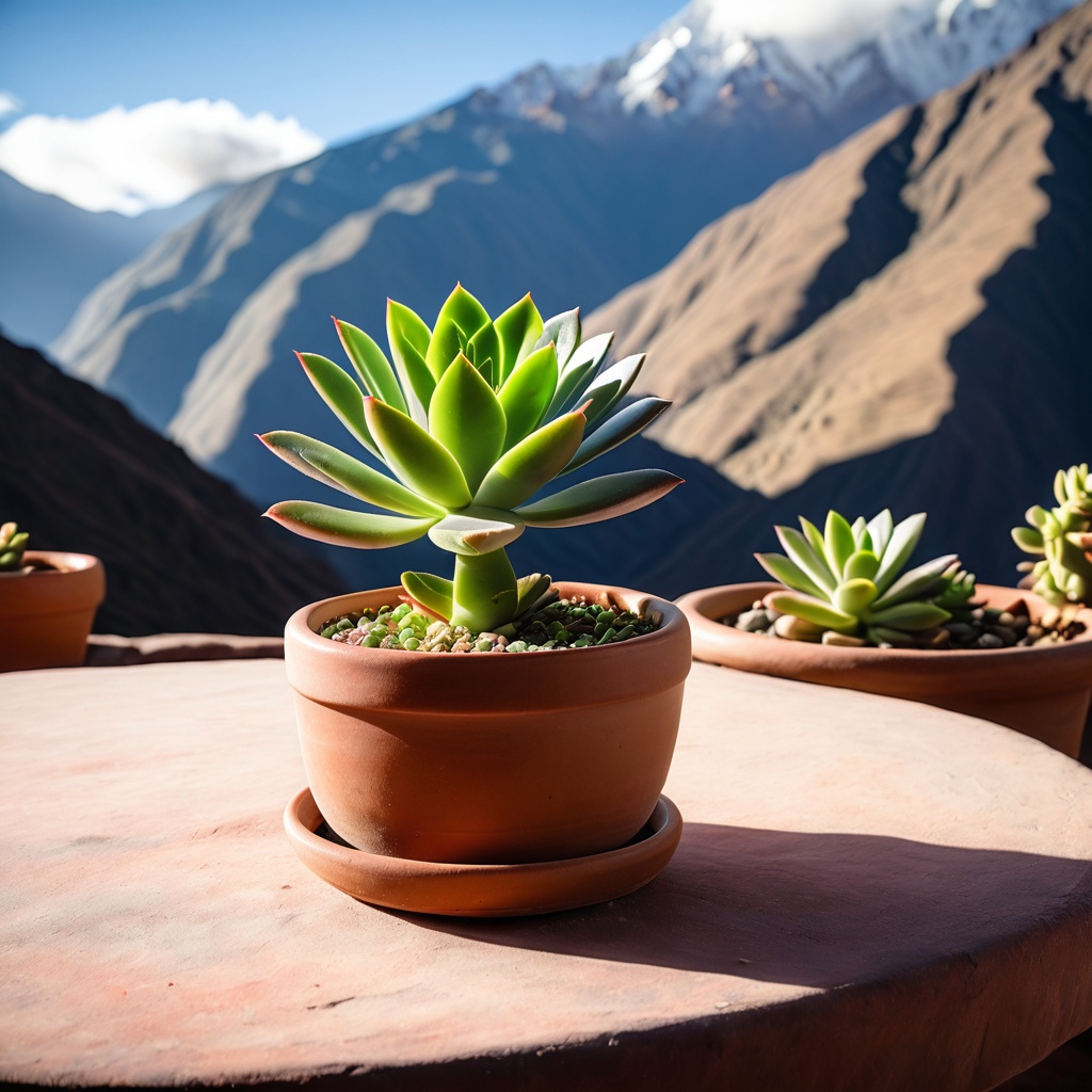 sceneandeahighl,  a small potted succulent,  Andean highland village table on Tensor.Art