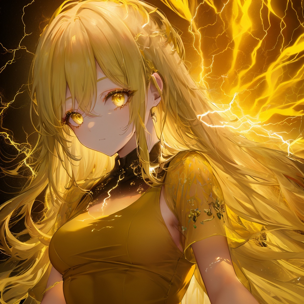 masterpiece,best quality, ultra-detailed, 1girl, beautiful detailed eyes, beautiful detailed glow, detailed lightning, beautiful detailed lightning,  long hair, lightning,glowing,electricity,gradient,light,(((yellow dress))),yellow Theme,Lightning hair,fully body,makeup <lora:ldv2-000008:0.5>，Lightning surrounds the body