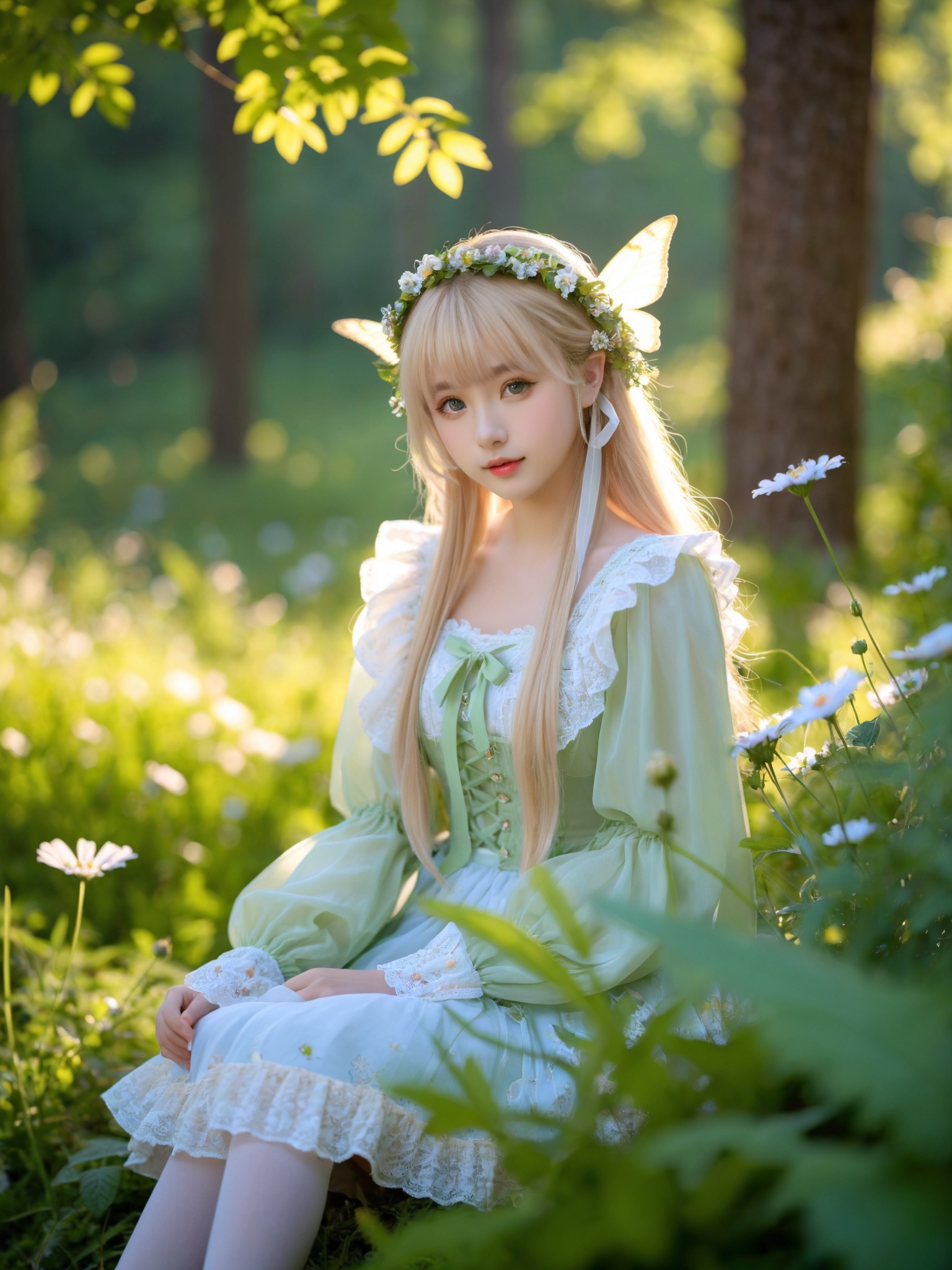 1girl,(8k, RAW photo, best quality, masterpiece:1.3),(realistic,photo-realistic:1.37),soft light,(extremely beautiful face:1.1),big eyes,an extremely delicate and beautiful girl,depth of field,blurry background,delicate,beautiful,beautiful face,beautiful eyes,beautiful girl,delicate face,delicate girl,8k wallpaper,(best quality:1.12),(ultra-detailed:1.12),(highres:1.12),hyper detailed,ultra-detailed,high resolution illustration,colorful,8k wallpaper,highres,Cinematic light,ray tracing,(8k, RAW photo, best quality, masterpiece, ultra highres, ultra detailed:1.2),(realistic, photo-realistic:),outdoors,forest,butterfly,green glowing plants,long_sleeves,(blond hair:1.2),(lolita:1.2),dress,lace,spirit,lace,ribbon,hair_ribbon,nature,Dreamy forest,cowboy_shot,flowers meadows,senlin,leaf,fairy,elf ears