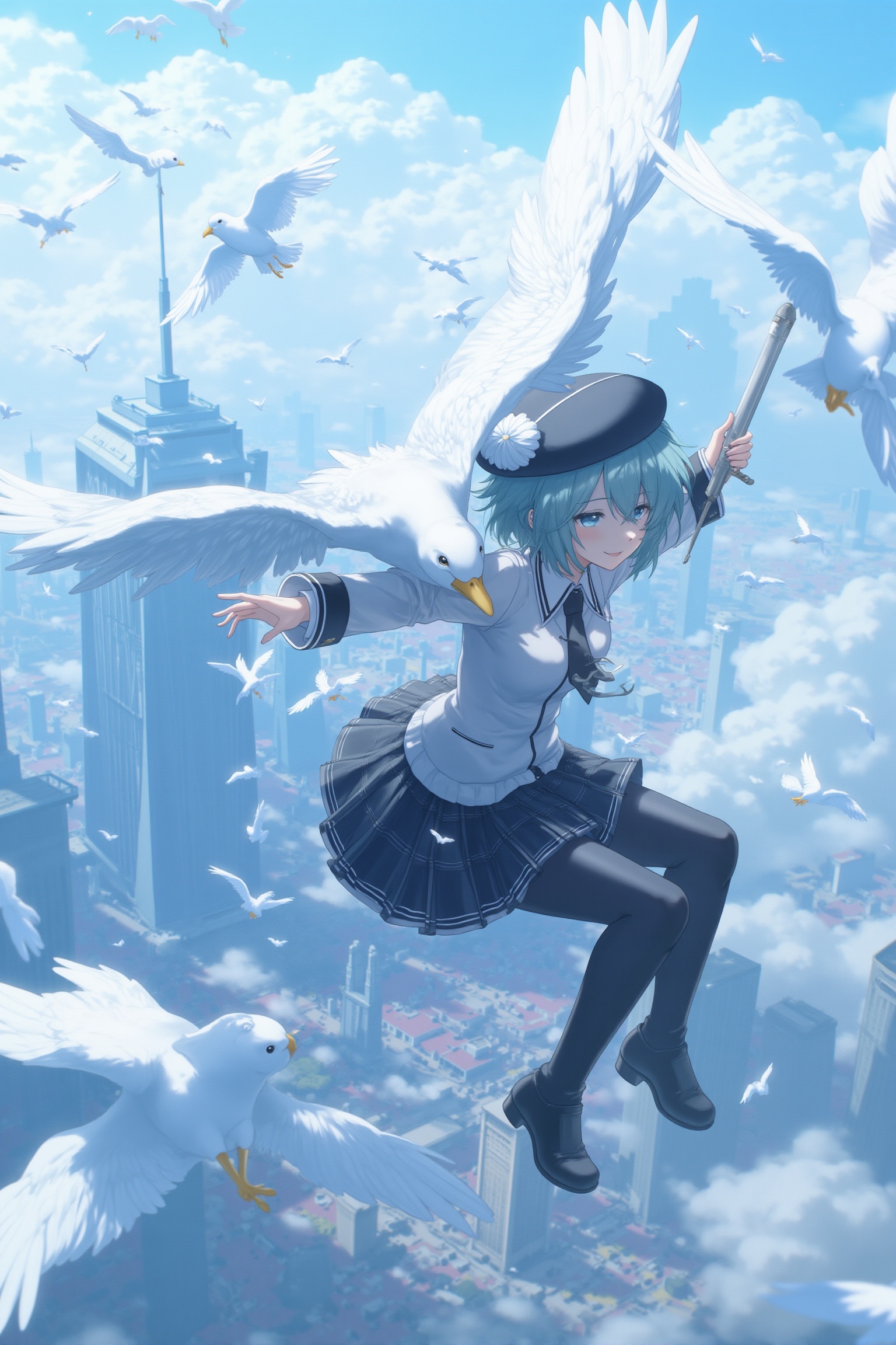 dreamy,  blurry,  The image is an illustration of a young girl in a school uniform flying through the air with a large whi...