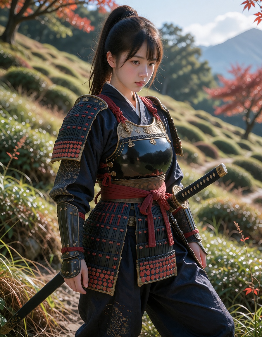 A woman with ponytail brown hair and brown eyes.,  She is wearing a Samurai armor,  navy pants on Tensor.Art