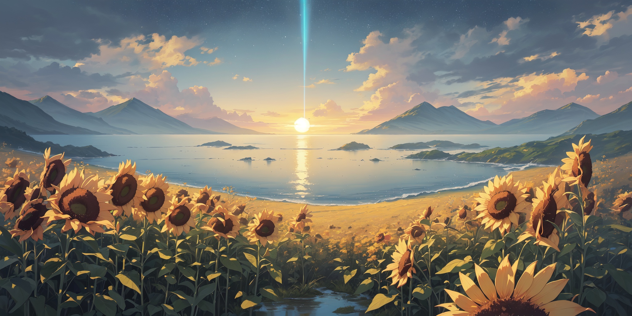 scenery,outdoors,light particles,beautiful detailed sky,beautiful detailed glow,best shadow,panorama,(Plankton, Bioluminescent, Bay, Night, Water, Glow, Serenity, Magic:1.3),(Misty valley, Sunrise, Mountains, Fog, Serenity, Tranquility:1.2),(Sunflowers, Bees, Rustling stalks, Sunshine, Yellow hues, Summer heat:1.1),(masterpiece, best quality, beautiful and aesthetic:1.3),extremely detailed CG,ultra-detailed,beautiful concept illustration,illustration,extremely fine and beautiful,perfect details,<lora:YOUHUA-000018:1>,oil painting \(medium\),