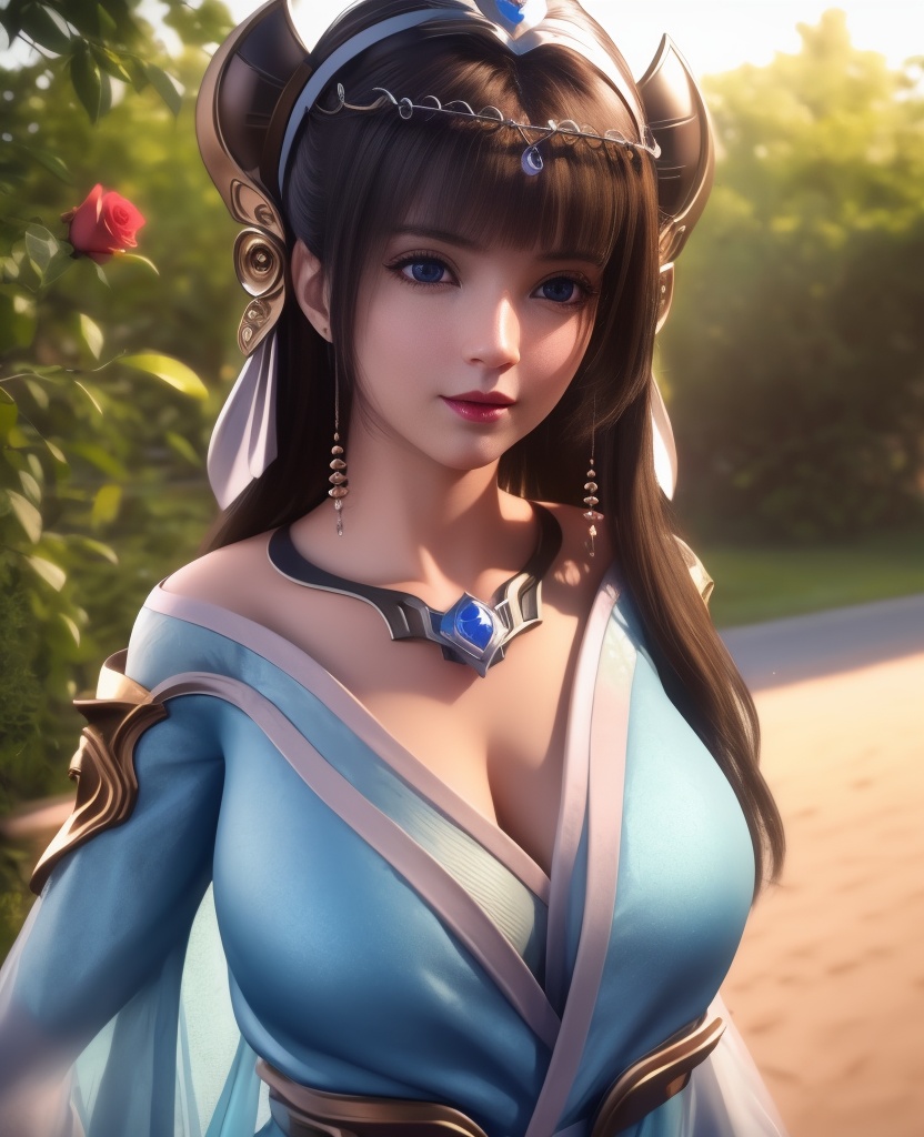 <lora:568-DA-星辰变-姜妍:0.8>(,1girl, ,best quality, ),looking at viewer,masterpiece, (( , )),, realistic,science fiction,mole, ultra realistic 8k cg, sun ,  rose,(cleavage), (),
