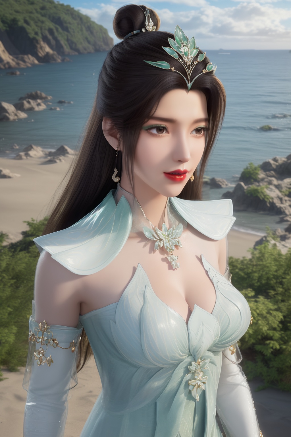 photo_\(medium\),(8k, RAW photo, best_quality),(masterpiece:1.2),(realistic:1.2),(photorealistic:1.3),(ultra-detailed),(extremely_detailed_cg_8k_wallpaper),(crystal_texture_skin:1.3),(shiny:1.2),(shiny_skin:1.4),(extremely_delicate_and_beautiful),shenfengYanRuYu,1girl,solo,detached sleeves,green dress,torogao,bouncing breasts,hair bun,standing,jewelry,hair ornament,earrings,red lips,necklace,realistic,looking at viewer,green theme,summer,beach,sea,sunshine,<lora:shenfengYanRuYu_20240525103110-000005:0.7>,