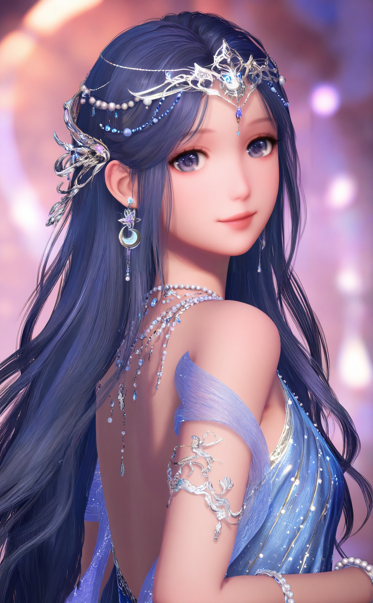 masterpiece,very aware,highres,absurdres,newest,best quality,loli,petite,high quality,chromatic_aberration,//,nuannuan,1girl,long_hair,jewelry,hair_ornament,earrings,solo,blurry,looking_at_viewer,beads,gem,dress,looking_back,blurry_background,smile,shawl,see-through,pearl_\(gemstone\),blue_eyes,backless_outfit,head_chain,hair_beads,purple_hair,bare_shoulders,very_long_hair,bug,bare_back,backless_dress,depth_of_field,bracelet,tiara,circlet,necklace,standing,realistic,lips,blue_dress,crescent,from_side,purple_eyes,blue_hair,armlet,skirt,from_behind,//,realistic,//,official art,depth of field,detailed light,blurry background,best shadow,shiny skin,cinematic lighting,ray tracing,amazing quality,very aesthetic,absurdres,beast quality,ultra detailed,newest,8K,HDR,<lora:nuannuan2——【noob】hans:1>,
