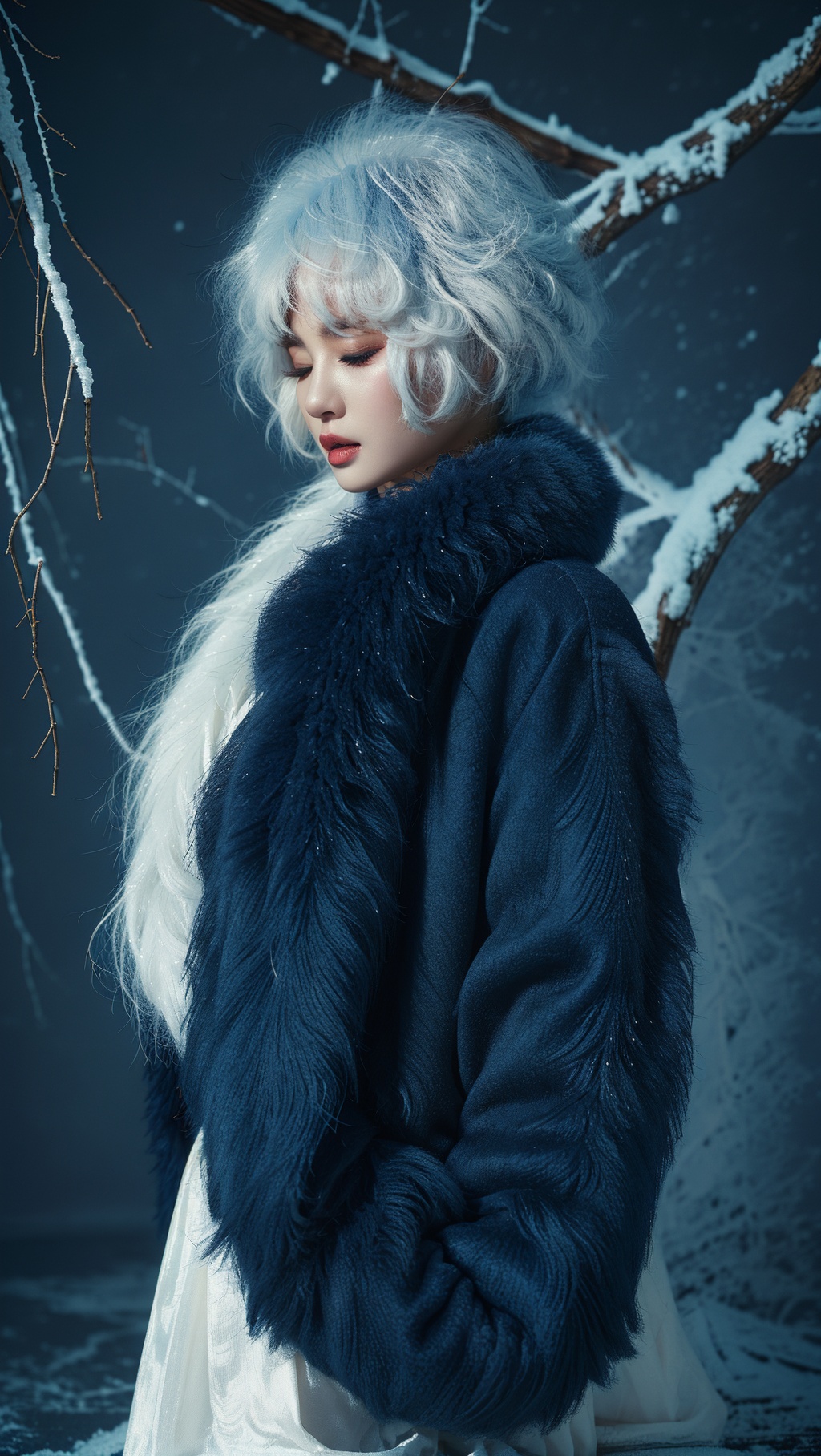winter,sdmai,xiaodiao,mink fur coat,Blue tone style background,close-up view,solo,1girl,white hair,blue theme,closed eyes,nud,<lora:SDMAI小貂xiaodiao:0.7>,