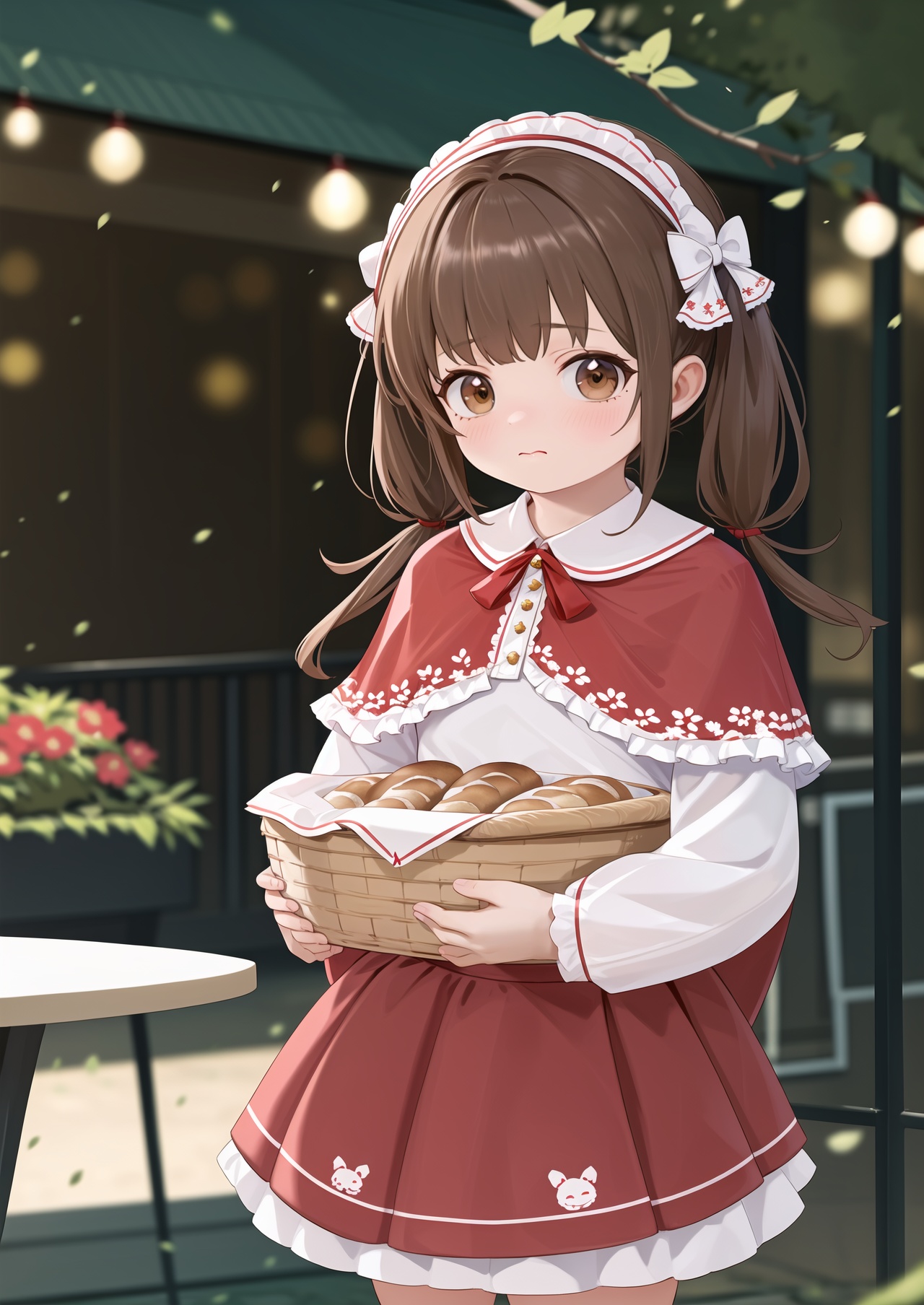 masterpiece,best quality,1girl,basket,bread,solo,food,brown hair,dress,twintails,brown eyes,blurry,blurry background,lolita fashion,baguette,long sleeves,looking at viewer,red dress,holding,holding basket,long hair,outdoors,capelet,floral print,hairband,red capelet,bow,frills,