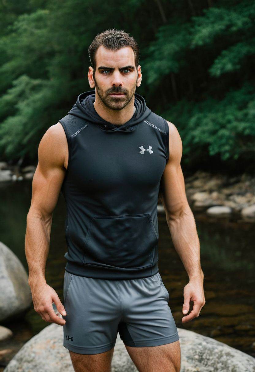 photo of Sacha Baron Cohen a man ,  wearing a sleeveless well-fitted under armour hoodie and compression shorts,  standing...