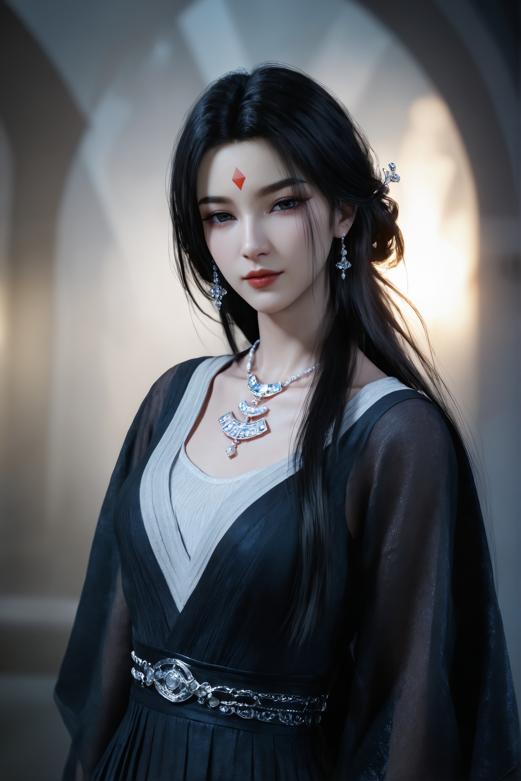 score_9,score_8_up,score_7_up,1girl,solo,3d,ultra-detailed,high resolution,perfect lighting,flawless skin,sharp focus,extremely detailed anatomy,Exquisite Craftsmanship,High-Resolution Beauty,Unparalleled Artistic Quality,masterpiece,best quality,official art,extremely detailed CG unity 8k wallpaper,<lora:银月-尸魈:0.7>,black hair,facing viewer,forehead mark,half-closed eyes,long hair,looking at viewer,realistic,