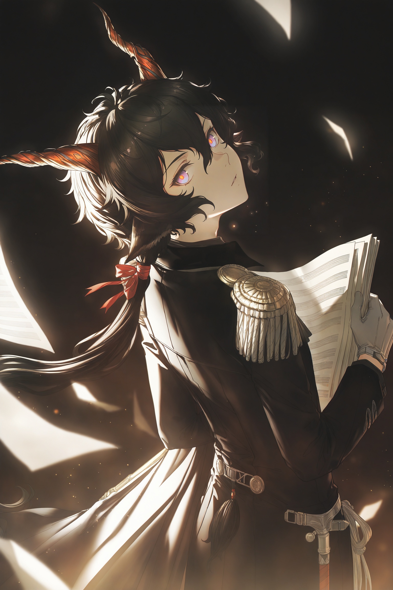 arknights, ebenholz (arknights), 1boy, male focus, black hair, low ponytail, ponytail, hair between eyes, horns, multicolored eyes, purple eyes, red eyes, yellow pupils, parted lips, looking back, looking at viewer, bow, red bow, gloves, white gloves, sheet music, light particles, dramatic lighting, rim light, glowing particles, ethereal glow, dark background, mystical atmosphere, masterpiece, best quality<lora:光辉V1正则miv4t画风V4-000012:0.8>,mivhuafeng,