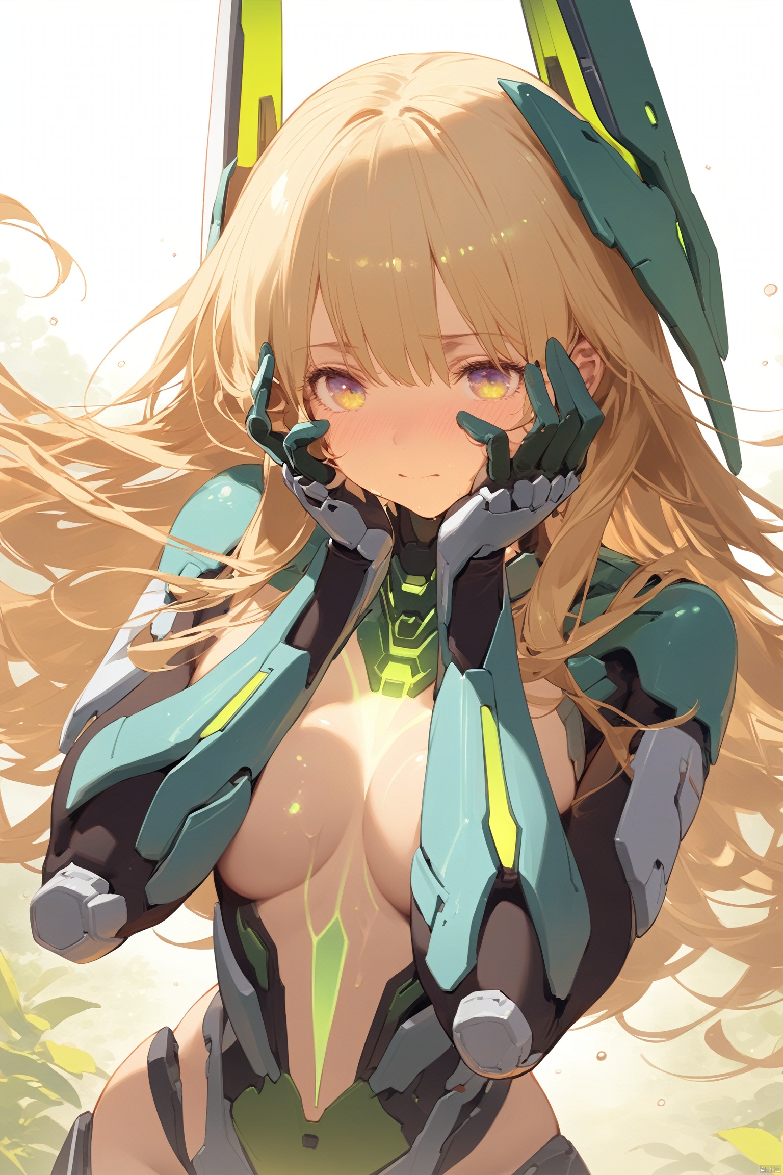 masterpieces,best quality,(ultra_detailed),shallow depth of field,semi-backlit,lens flaresensual intricate,(highly detailed),emphasizing beautiful body lines,(beautifully detailed face, oily shiny skin),perfect hands, five fingers on one hand, (intricate:1.2), (semirealistic:1.2), (heavy lines:0.8), (color sketch:0.5), color illustration, masterpiece, (high saturation:0.95), sharp shadows, emphasizing beautiful body lines,Mechanical ,feather hair; beautiful detailed hair,long hair,blonde hair,hime cut,heavy mechanical armor and weapons, cybernetics, an extremely delicate and beautiful, extremely detailed, girl,mechanical bodysuit, bioluminescent dress,simple background, more prism, vibrant color, ,Mecha musume, (hands on own face), (hands on own cheeks)