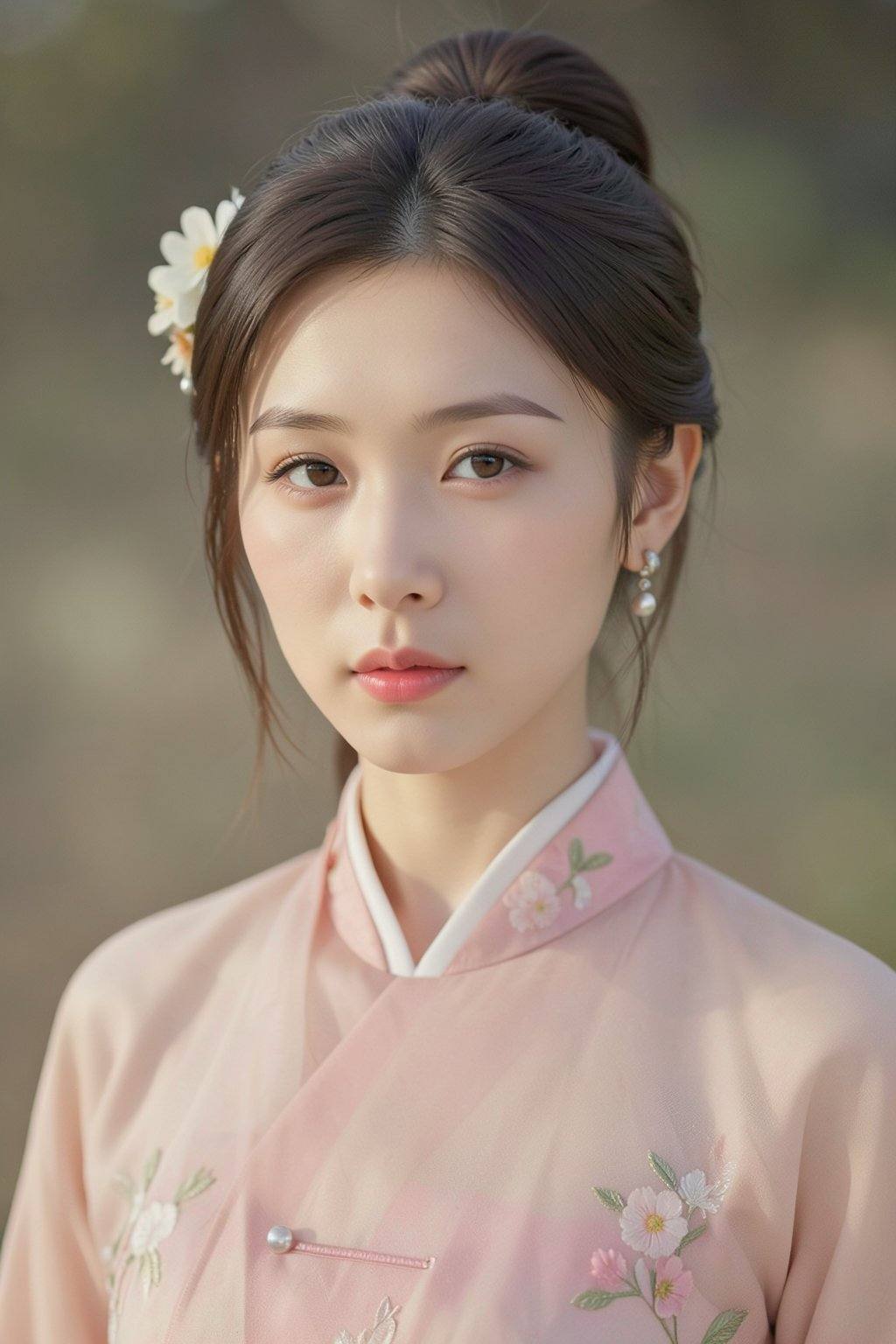 The image depicts a young East Asian woman with fair skin and delicate,  symmetrical facial features. She has large,  almo...