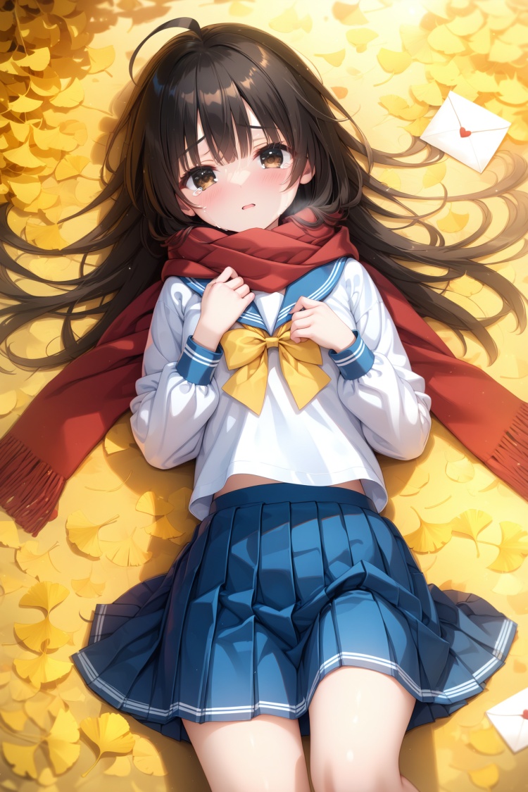 (masterpiece),(best quality),illustration,ultra detailed,hdr,Depth of field,(colorful),loli,1girl,solo,school uniform,skirt,scarf,lying,serafuku,on back,long sleeves,autumn,blue skirt,looking at viewer,sailor collar,bow,brown eyes,long hair,tears,autumn leaves,bangs,blue sailor collar,shirt,parted lips,pleated skirt,white shirt,envelope,ahoge,blurry,red scarf,black hair,crying,leaf,letter,crying with eyes open,yellow bow,outdoors,brown hair,bowtie,ginkgo leaf,from above,tearing up,blush,