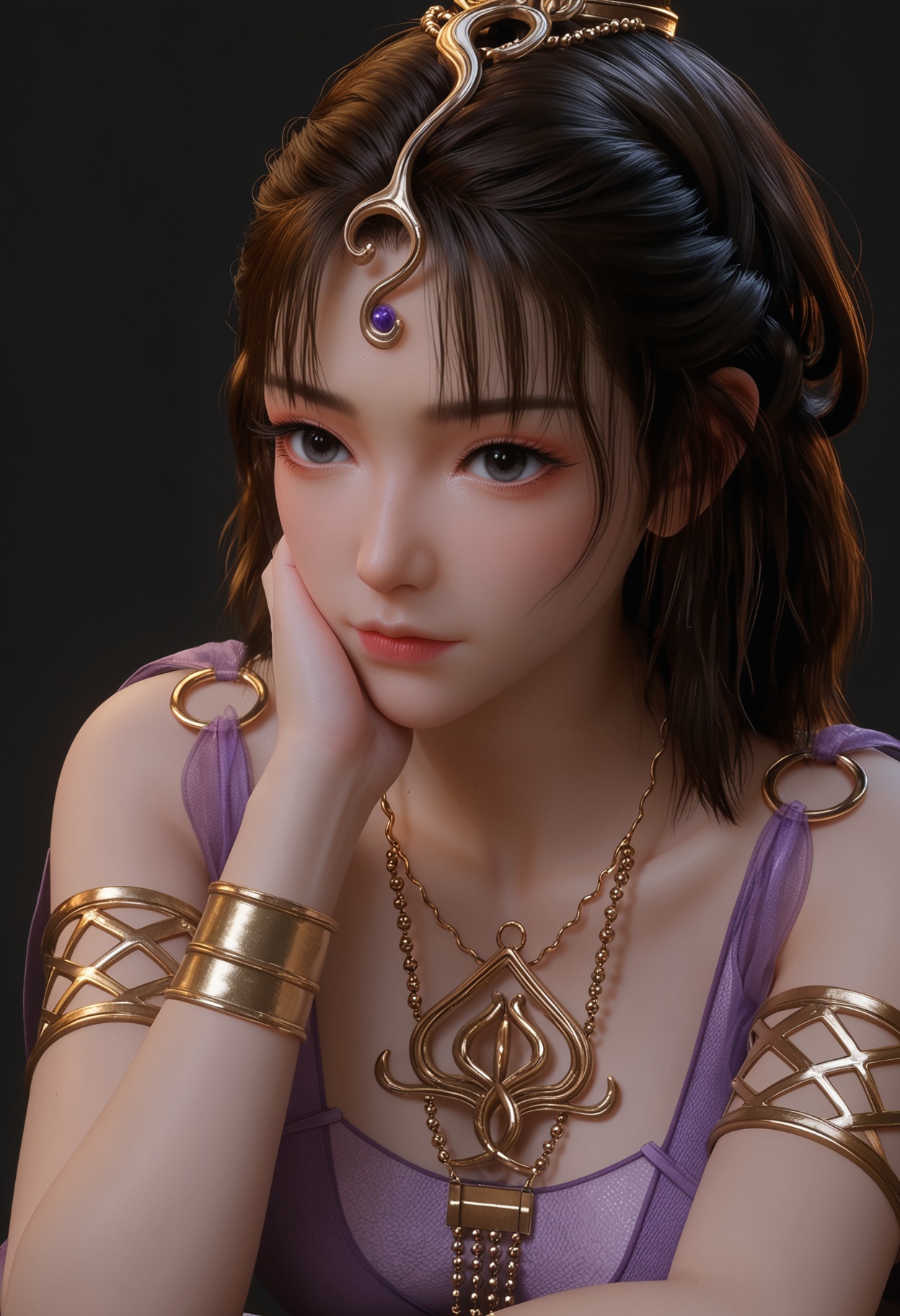 (upper_body:1.2),score_9,score_8_up,masterpiece,(best quality),intricate details,facing viewer,(looking at viewer:1.1),<lora:YQ_pony_wensiyue_V4:0.8>,q1528437228,1girl,solo,jewelry,blue dress,dress,purple dress,necklace,brown hair,long hair,black hair,hair ornament,bracelet,armlet,brown eyes,sandals,ponytail,sash,black eyes,blue eyes,BREAKscore_9,score_8_up,masterpiece,(best quality),perfect anatomy,(hourglass),perfect face,(simple background,pure black background,black background:1.1),fair_skin,shiny_skin,Ivory_skin,