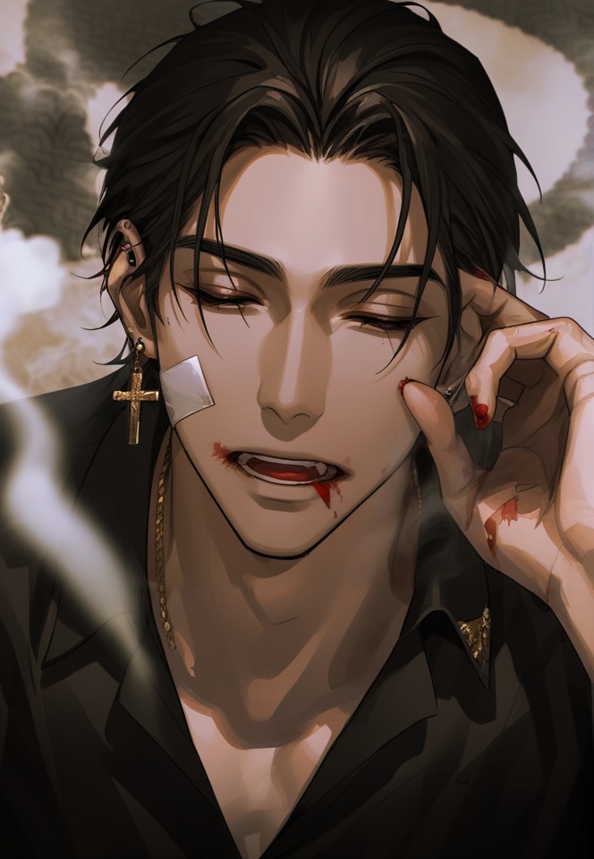 (best quality), ((masterpiece)), (highres), illustration, original, extremely detailed, <lora:男风 XL:0.7>1boy, cigarette, male focus, jewelry, earrings, black hair, solo, open mouth, shirt, holding cigarette, holding, scar, cross earrings, blue eyes, blood, cross, short hair, looking at viewer, scar on face, smoking, black shirt, collared shirt, one eye closed, upper body, smoke, blood on face, black eyes, getou suguru, ear piercing, single earring, hand up