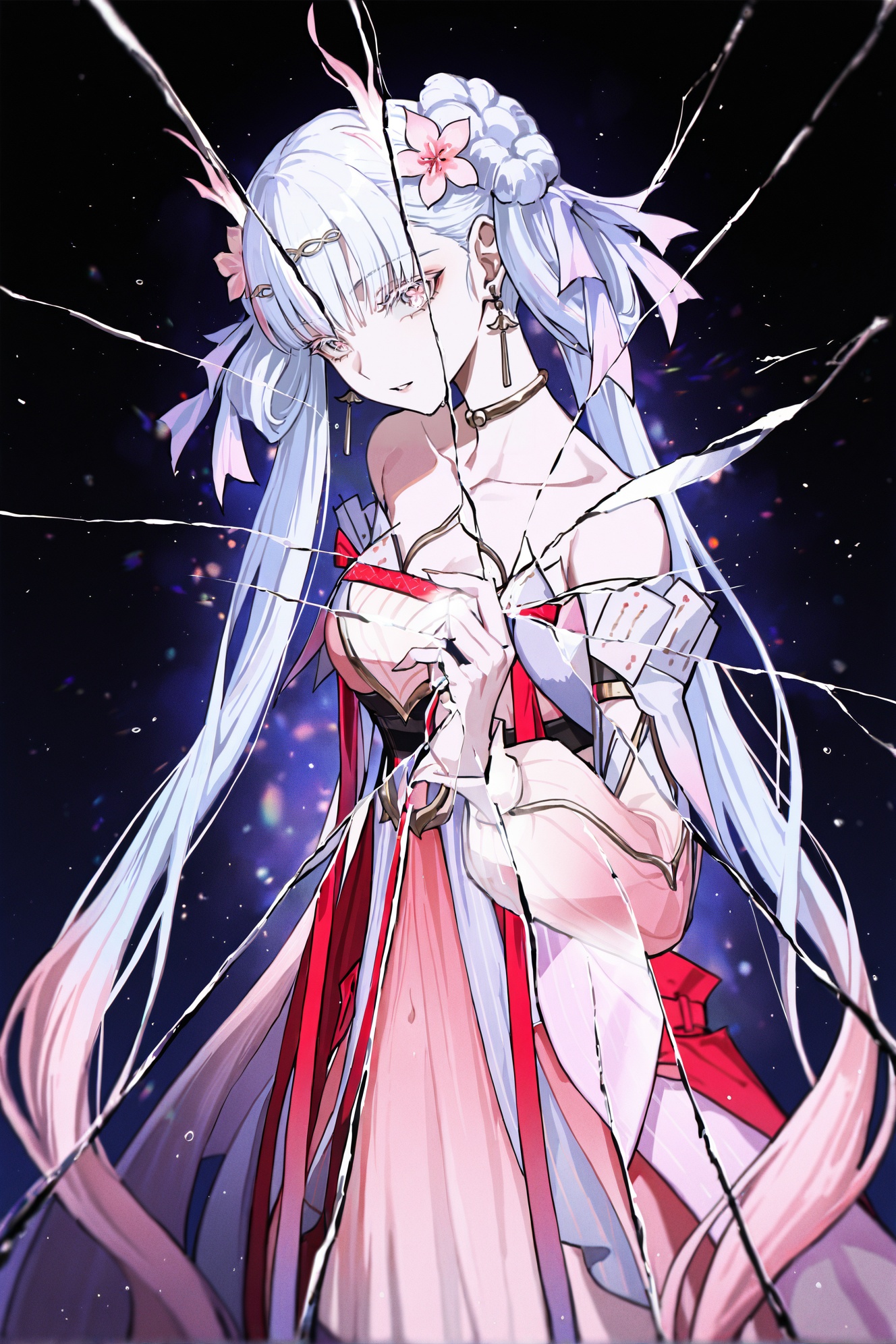 by [yoneyama mai|quasarcake|wanke|mika pikazo|lam],solo,1girl,parted lips,insect wings,looking at viewer,colored skin,butterfly wings,from side,cracked glass,reflection,water,collarbone,navel,see-through clothes,wet,split theme,masterpiece,best quality,very awa,absurdres,<lora:noobai_epred_11_artists_v11:1>,<lora:jxnew-noob-Tanger-000014:0.8>,jinhsi,jinhsi \(peach blossom\) \(wuthering waves\),(clothes:peach blossom pink dress,alternate costume,bare shoulders:1.2),flower-shaped pupils,1girl,hair ornament,hair flower,twintails,bangs,jewelry,very long hair,