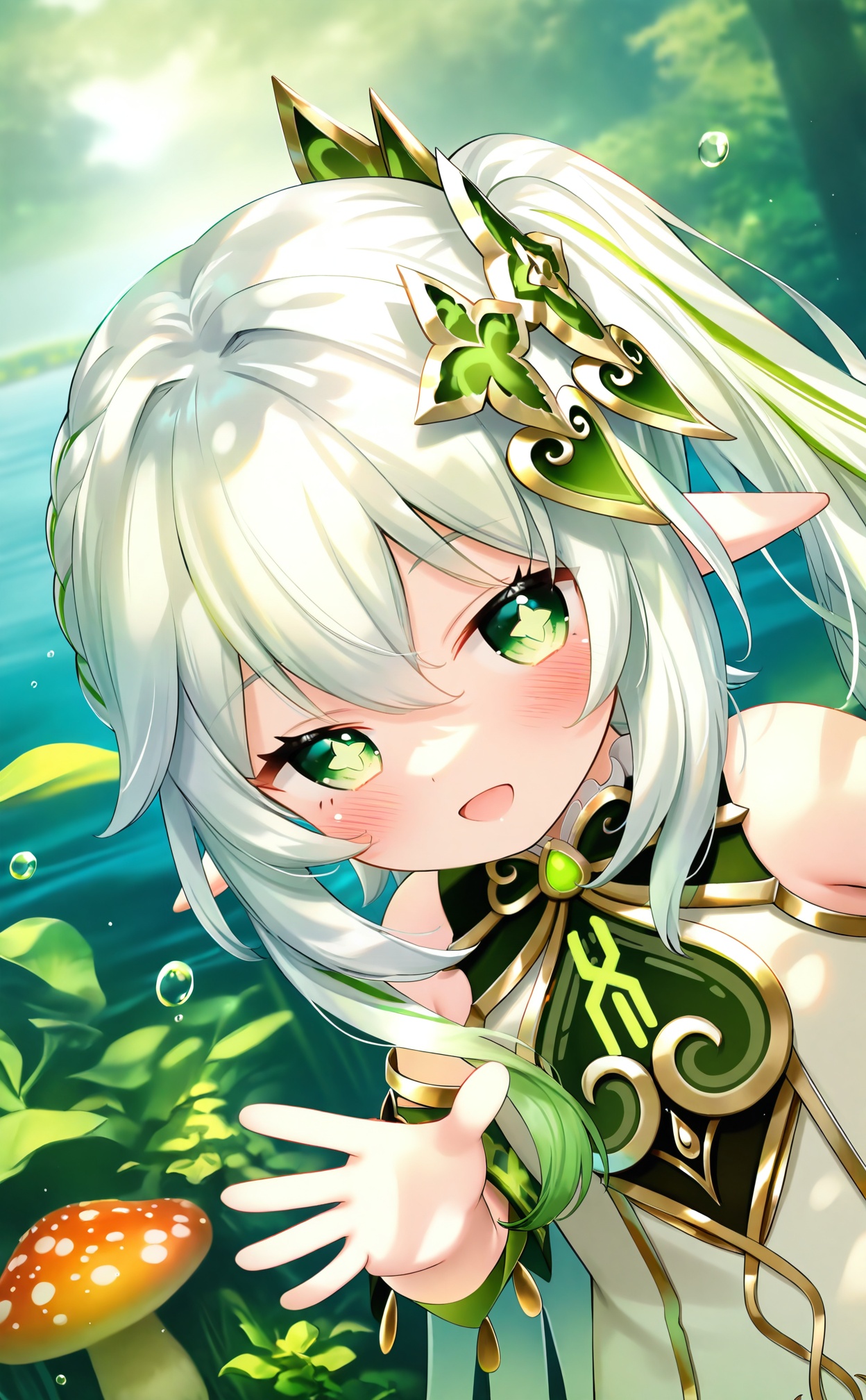 masterpiece,absurdres,best quality,high quality,chromatic_aberration,//,1girl,nahida_\(genshin_impact\),green_eyes,solo,pointy_ears,hair_ornament,side_ponytail,water_drop,blush,smile,white_hair,symbol-shaped_pupils,cross-shaped_pupils,long_hair,open_mouth,detached_sleeves,dress,looking_at_viewer,leaf_hair_ornament,hair_between_eyes,nature,outdoors,sidelocks,gradient_hair,white_dress,leaf,multicolored_hair,braid,bare_shoulders,plant,:d,sleeveless,upper_body,green_hair,mushroom,sleeveless_dress,hand_up,forest,water,day,dutch_angle,green_gemstone//,//,official art,depth of field,detailed light,blurry background,best shadow,shiny skin,cinematic lighting,ray tracing,amazing quality,very aesthetic,absurdres,beast quality,ultra detailed,newest,8K,HDR,//,//,<lora:鬼针草—【CKXL】hans:1>,
