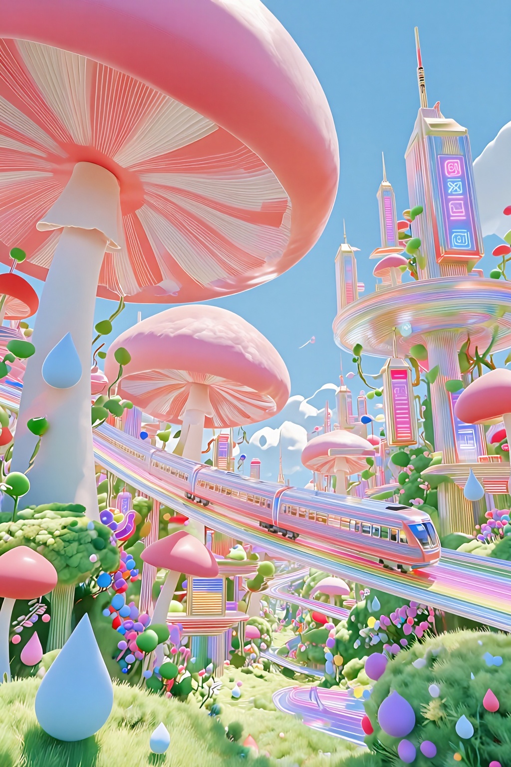A futuristic city built entirely of giant,  colorful mushrooms towering into the sky. The mushroom caps serve as platforms...