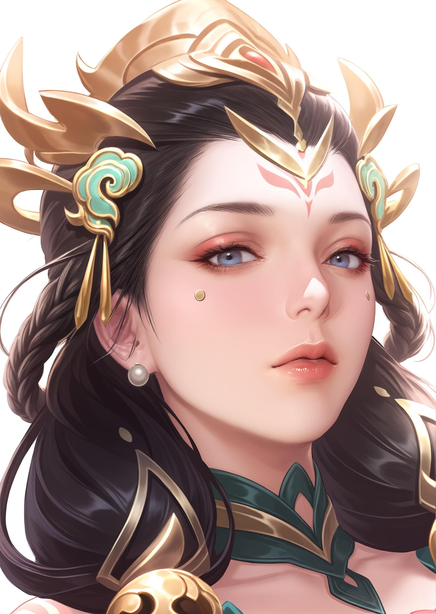 Kuze\(nw\)\(wzry\),(simple background,white background:1.2),1girl,solo,mature female,upper body,close up,look at viewer,medium breasts,(realistic:1.2),front view,expressionless,black hair,braids,bells on braids,elaborate headdress,red forehead mark,golden facial mark,blue eyes,eyeshadow,earrings,bare shoulders,armband,(golden accents on shoulder),choker,dress,
