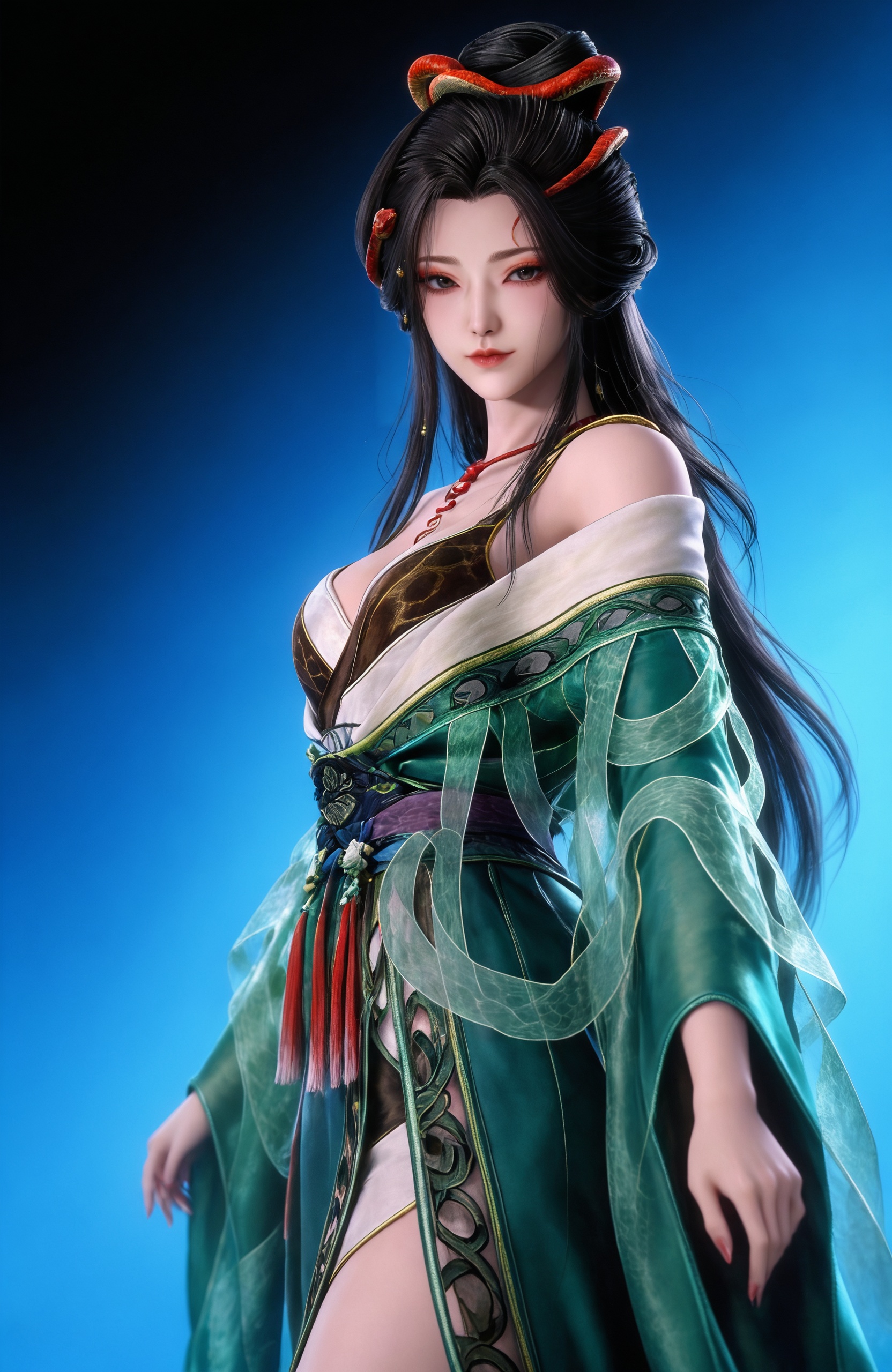 score_9,<lora:牧神记-龙娇男Pony:0.8> 1girl,solo, long hair, black hair, hair ornament, hair bun,necklace, bare shoulders, chinese clothes, breasts, green dress, off shoulder, sash,, solo,upper body,looking at viewer,gradient background,gradient,blue background,black background,