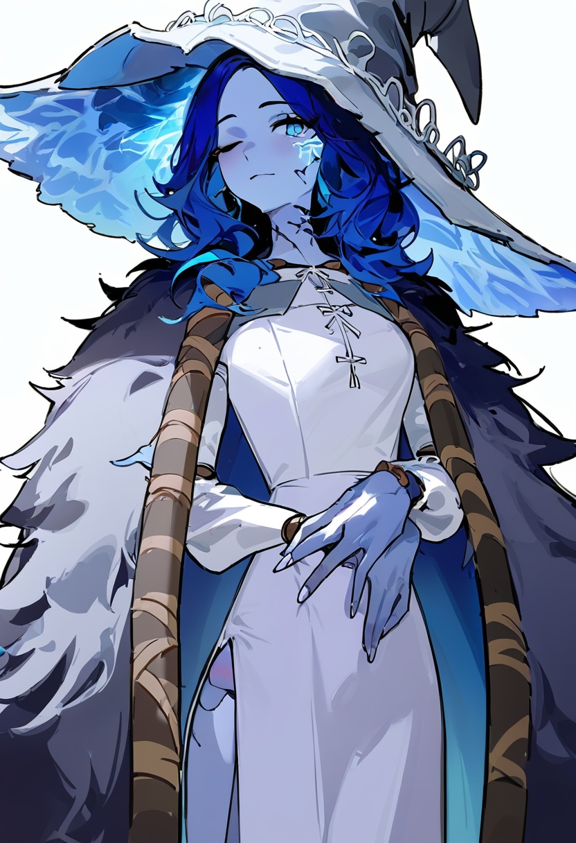 1girl, ranni the witch,  shiro9jira, ciloranko, ask \(askzy\), (tianliang duohe fangdongye:0.8), white witch hat, blue ring, white dress, grey fur cloak, blue hair, blue eyes, one eye closed, blue skin, cracked skin, doll joints, extra arms, extra faces, colored skin, solo, witch hat, dress, cloak, fur cloak, long hair, hat, joints, masterpiece, best quality, newest, absurdres, nsfw, explicit <lora:‌Elden Ring-Ranni_v1.0:1>
