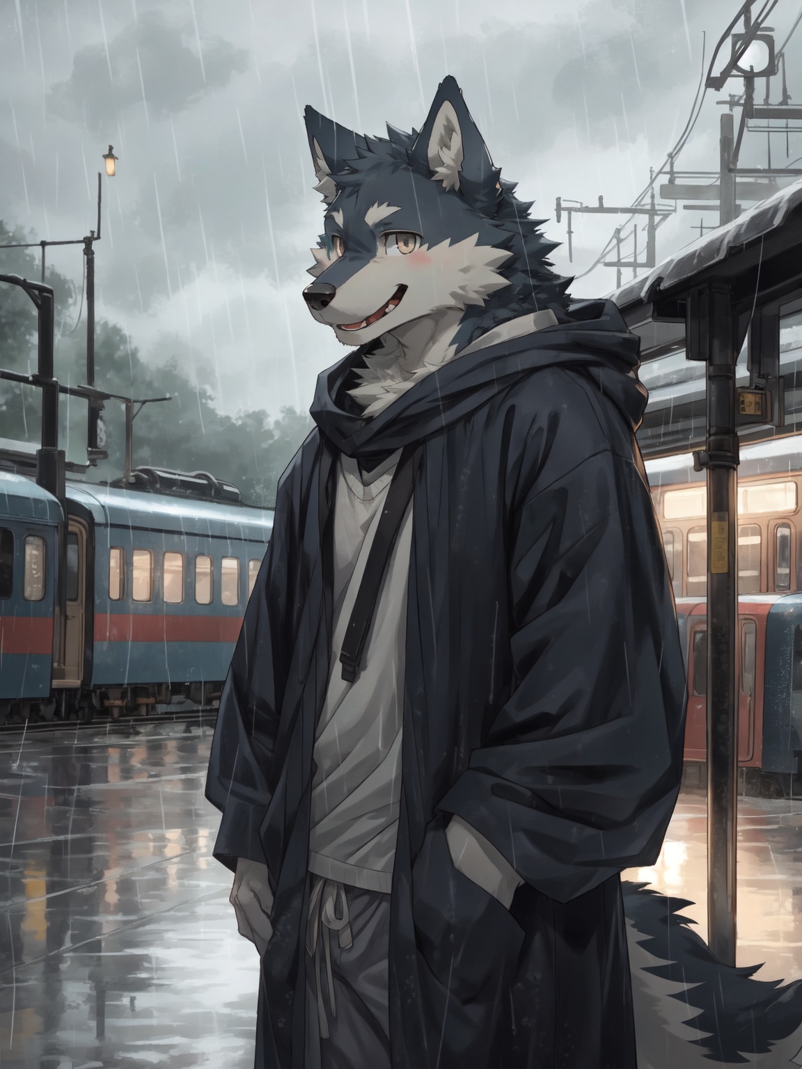 masterpiece, best quality, perfect anatomy, bright eyes, watery eyes, kemono, furry, wolf, (felis:0.25), male, solo, baggy clothing, (open smile:1.1), gentle, looking at viewer, train station, rain, (waterdrop:0.9), grey sky, raining, (fog:0.4), detailed eyes