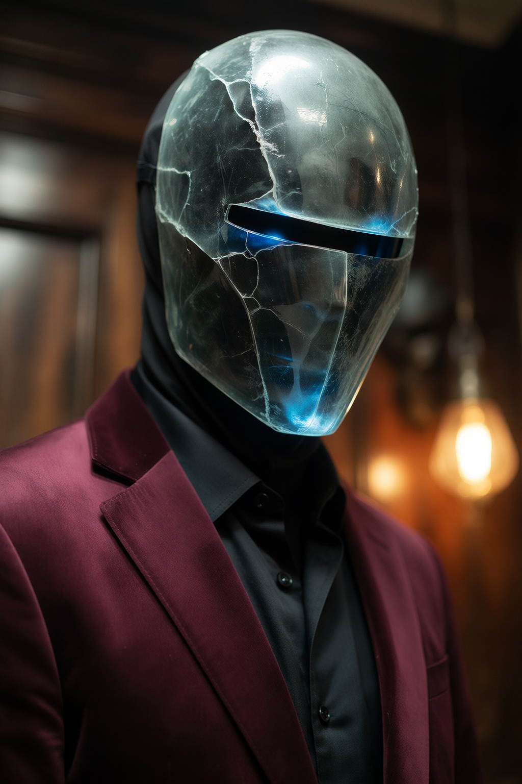 A figure wearing a rigid,  semi-translucent frosted glass mask with narrow horizontal eye slits emitting a faint blue glow...
