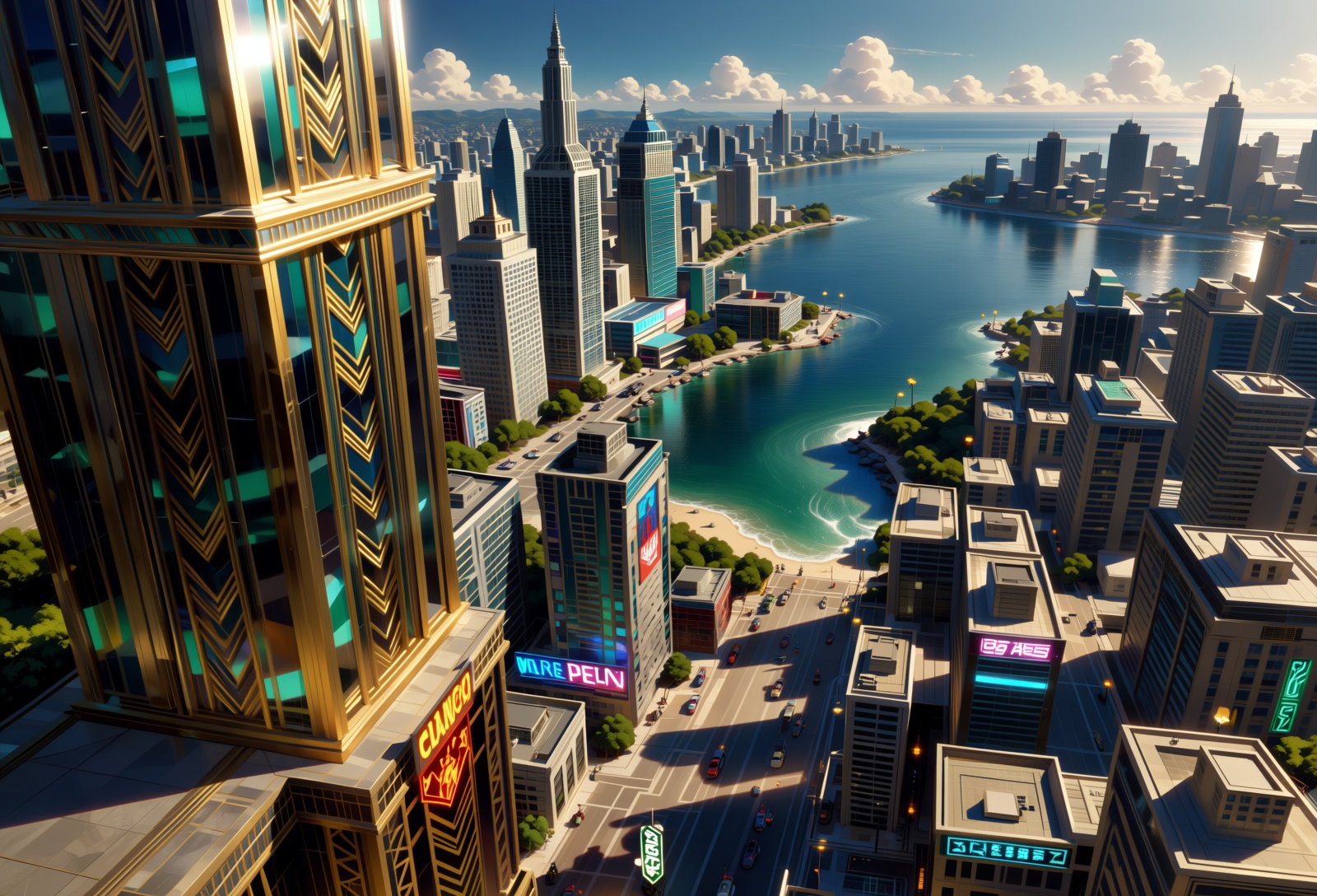 Landscape view atop of a skycraper building overlooking a modern urban city next to a bay open to the oceon,  the view is...