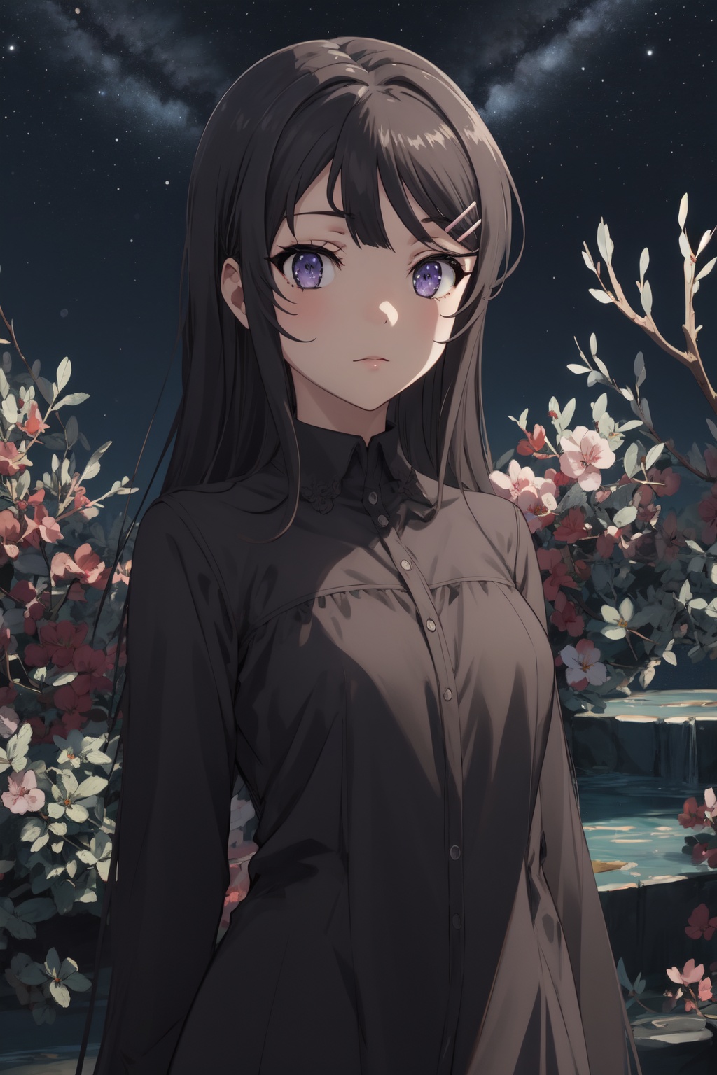 <lora:Mai-000010:0.8>,Mai CYQL,1girl,looking at viewer,solo,black_hair,long_hair,hairclip,hair_ornament,purple eyes,Oversized quilted coat in a high-shine metallic fabric for a statement look,;d,full_shot,Coral, Reef, Fish, Seaweed, Colorful, Underwater, Diversity, Serenity,(Moonflowers, Jasmine, Silver foliage, Moonlight shadows, Serenity, Night fragrance:0.5),beautiful detailed sky,beautiful detailed glow,posing in front of a colorful and dynamic background,masterpiece,best quality,beautiful and aesthetic,contrapposto,female focus,wallpaper,