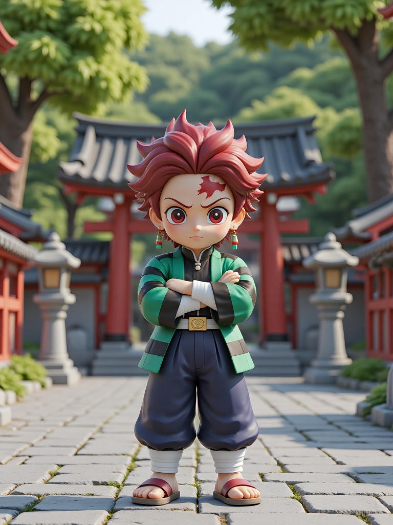 3D Tanjiro wearing a bright green and black checkered haori (seaweed green and black checkerboard pattern),with a black school uniform underneath,a white and gold sash (happi) tightly tied around the waist,wearing deep blue loose hakama pants,traditional Japanese split-toe tabi socks,and woven straw sandals.,3D Tanjiro crosses his arms over his chest,frowns slightly,with a thoughtful gaze,as if considering tactics.,The scene is an ancient shrine. There are red torii gates in the shrine,and stone lanterns are neatly arranged. Tall trees surround the shrine,and the atmosphere is solemn and respectful.,