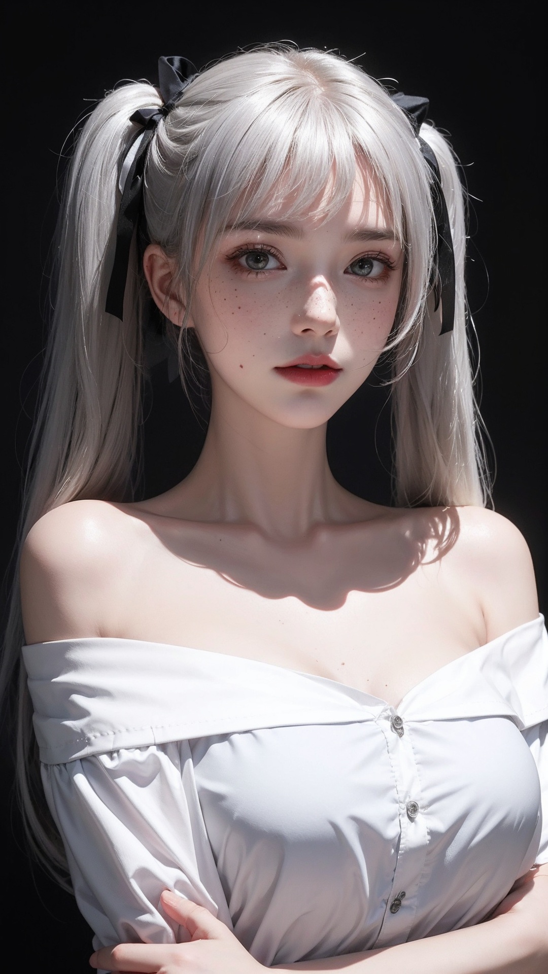 1girl, breasts, solo, looking at viewer, twintails, ribbon, upper body, hair ribbon, cleavage, collarbone, off shoulder, bare shoulders, large breasts, black background, bangs, simple background, off-shoulder shirt, closed mouth, realistic, white hair, covered nipples, long hair, freckles, black ribbon, lips, shirt