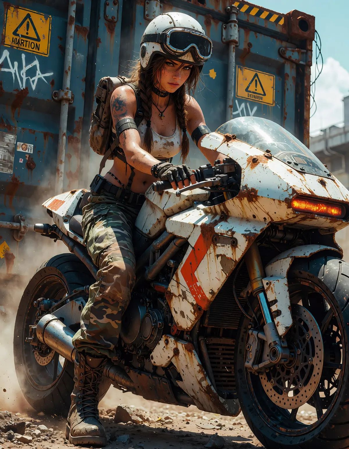 A dark grimy post-apocalyptic industrial scene,  heavily textured grunge aesthetic. A tough young woman with long braided...