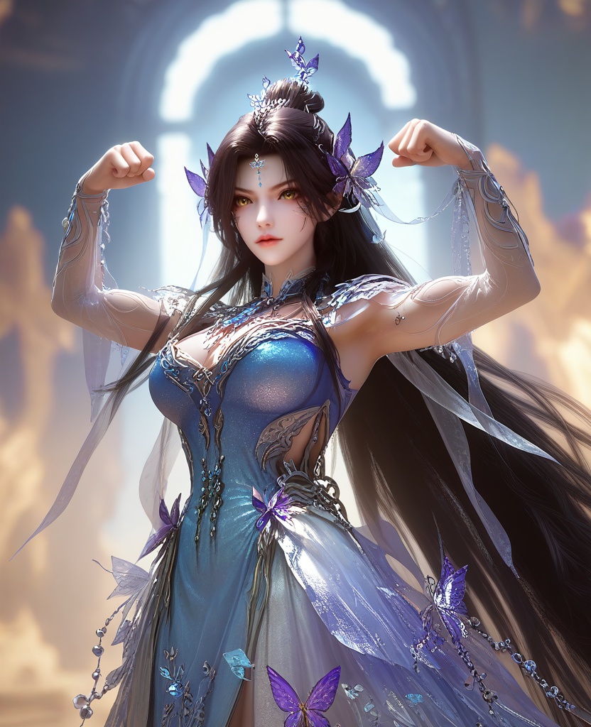 (Super Strength Pose: Flexing muscles with a determined look, ready to showcase incredible strength,:1.1),(large breasts:1.2),<lora:XL16云深不知梦羲和四象归一:0.95>,miss xihe,blue-violet to white ombre gown,yellow eyes,forehead pendan,black hair,traditional chinese updo with long front strands,absurdly long hair,hair ornament,jewelry,elbow gloves,butterfly embellishments,crystal gown hemline,, score_9,score_8_up,score_7_up,score_6_up,score_5_up,score_4_up,3d rendering,tag1,tag2, Cinematic Lighting,backlighting,