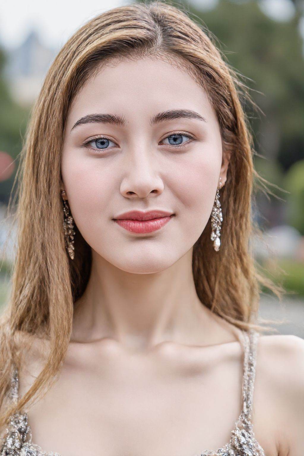 instagram photo, closeup face photo of 20 y.o, blue eyes, pale skin, smirk, blonde long straight hair, elegant dress, outdoors, <lora:girlslikeflux_ljx:0.9>
